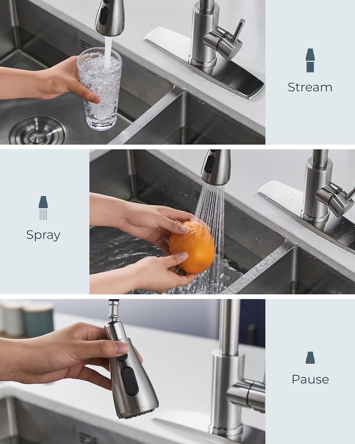 FORIOUS Kitchen Faucet with Soap Dispenser, Brushed Nickel, Single Handle Stainless Steel Transitional Sink Faucet with Pull Down Sprayer 1 or 3 Hole, Suitable for Farmhouse Laundry Camper RV Bar