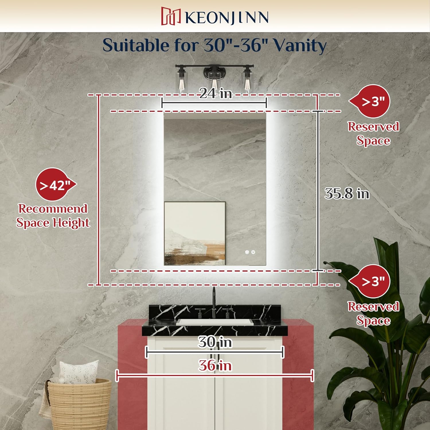 Keonjinn 24 x 36 Inch Backlit Mirror for Bathroom, Anti-Fog Led Mirror, CRI90+ HD Tempered Glass, Stepless Dimmable Lighted Mirror, High Lumen, UL Listed, Waterproof, Horizontal/Vertical