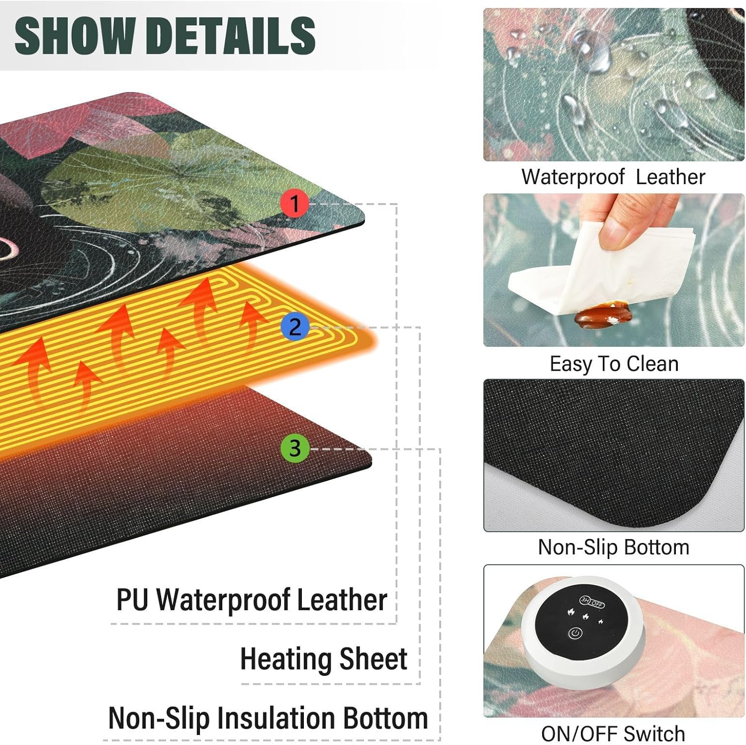 Heated Desk Pad Mouse Pad 31.5x13 Inch PU Leather Desk Mat with 3 Heat Levels Large Mouse Gaming Computer Laptop Mat Cat Lotus Flowers Blue
