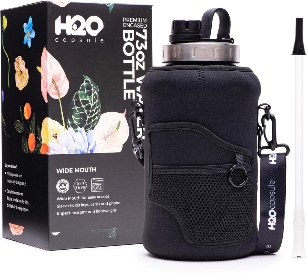 H2O Capsule 2.2L Half Gallon Wide Mouth Water Bottle with Storage Sleeve and Removable Straw - Hydration Tracker Jug with Measurements Marked – Shatterproof BPA-Free, (Jet Black)