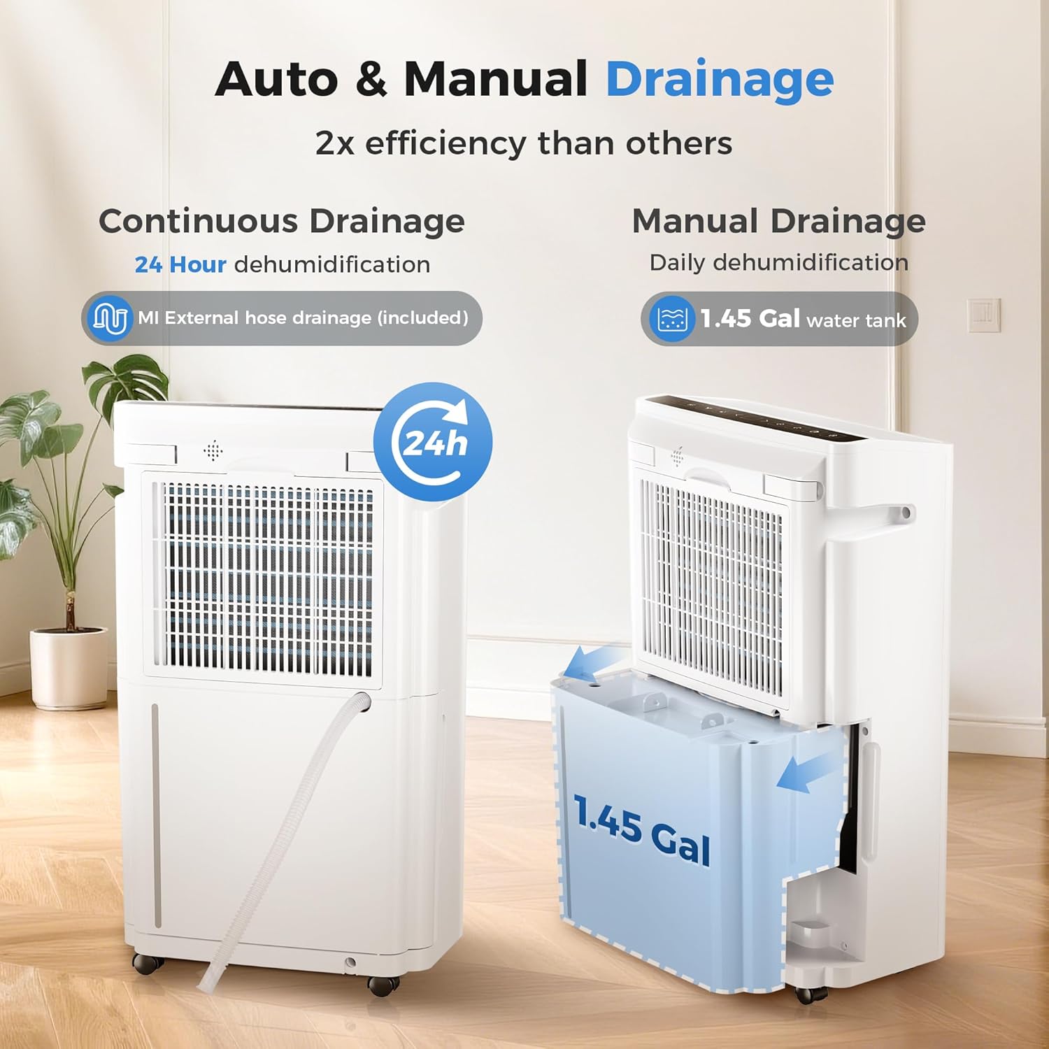 6,500 Sq Ft Smart Home Dehumidifier with Drain Hose, 1.45 Gallons Water Tank, 24 Hr Timer, 60 Pints, High Efficiency Compressor for Large Rooms,Basements, Bathrooms and Bedrooms