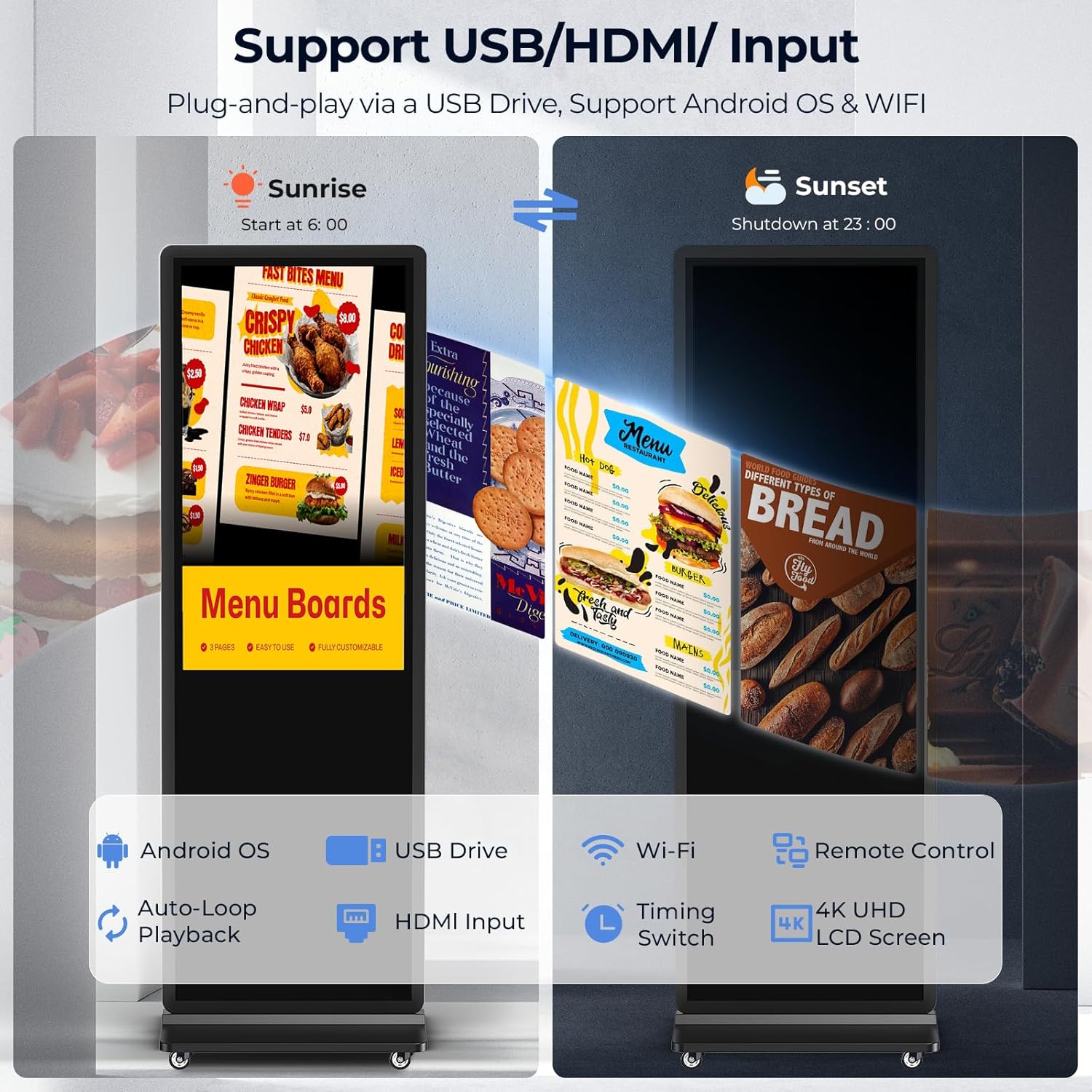 32/43/55/65 Inch Digital Signage Display, LCD Screen Advertising Display Kiosk Interactive Totem Floor Standing Auto AD Player with USB/HDMI/WiFi Android OS (55'' Touch Screen)