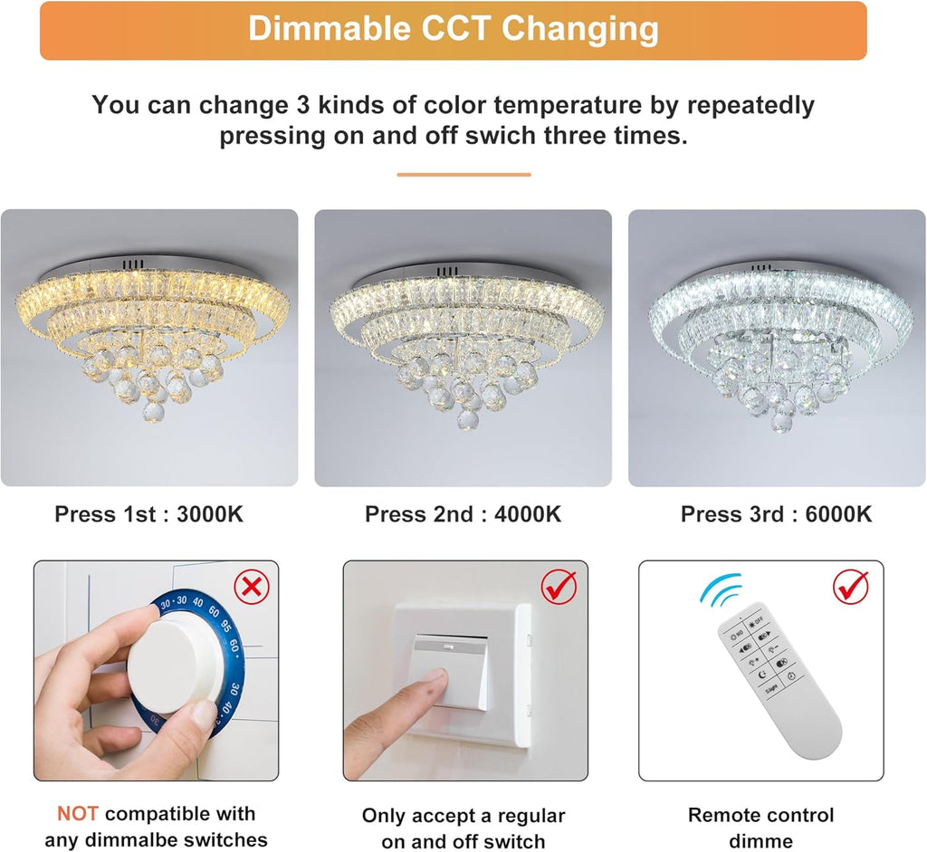 Elegant LED Crystal Raindrop Ceiling Light,20" Flush Mount Chandelier Light Fixture with Remote Control for Living Room Kitchen Island Bathroom Bedroom Hallway Entryway(Dimmable)
