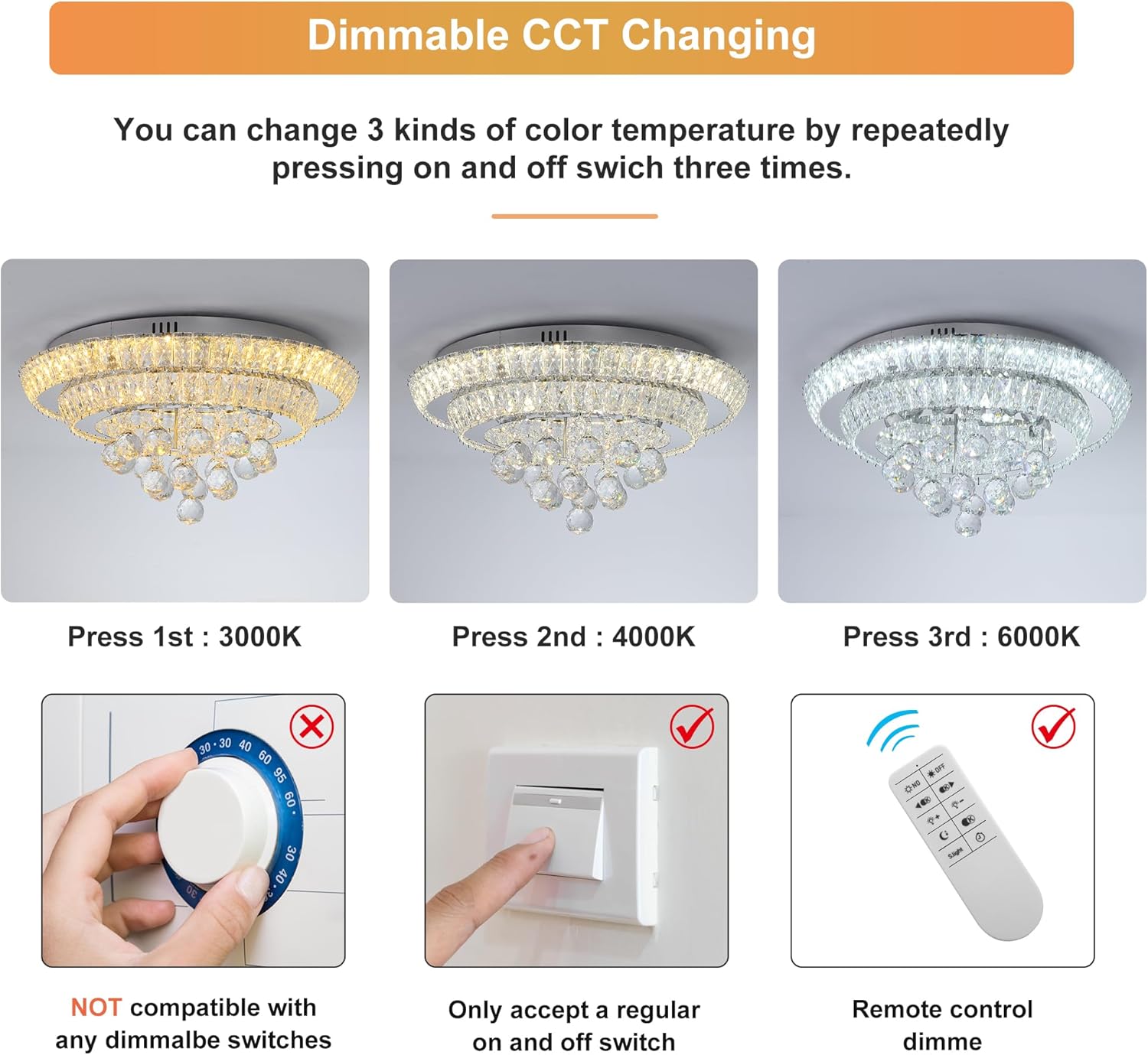 Elegant LED Crystal Raindrop Ceiling Light,20" Flush Mount Chandelier Light Fixture with Remote Control for Living Room Kitchen Island Bathroom Bedroom Hallway Entryway(Dimmable)