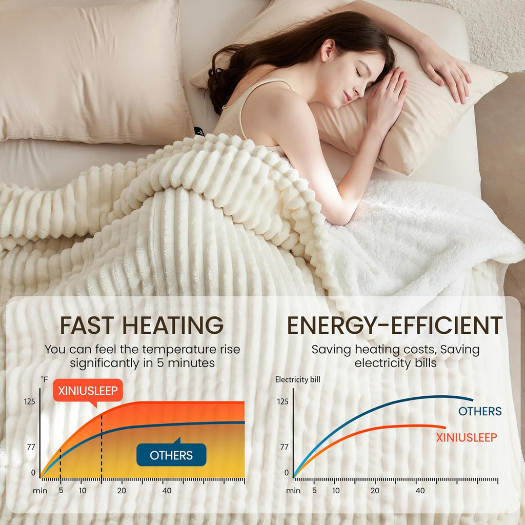 Heated Blanket Electric Blanket 90"x90", Soft Flannel Sherpa Electric Throw with 5 Heating Level & 12 Times Setting, Heated Throw with Overheating Protection, Machine Washable (Beige)
