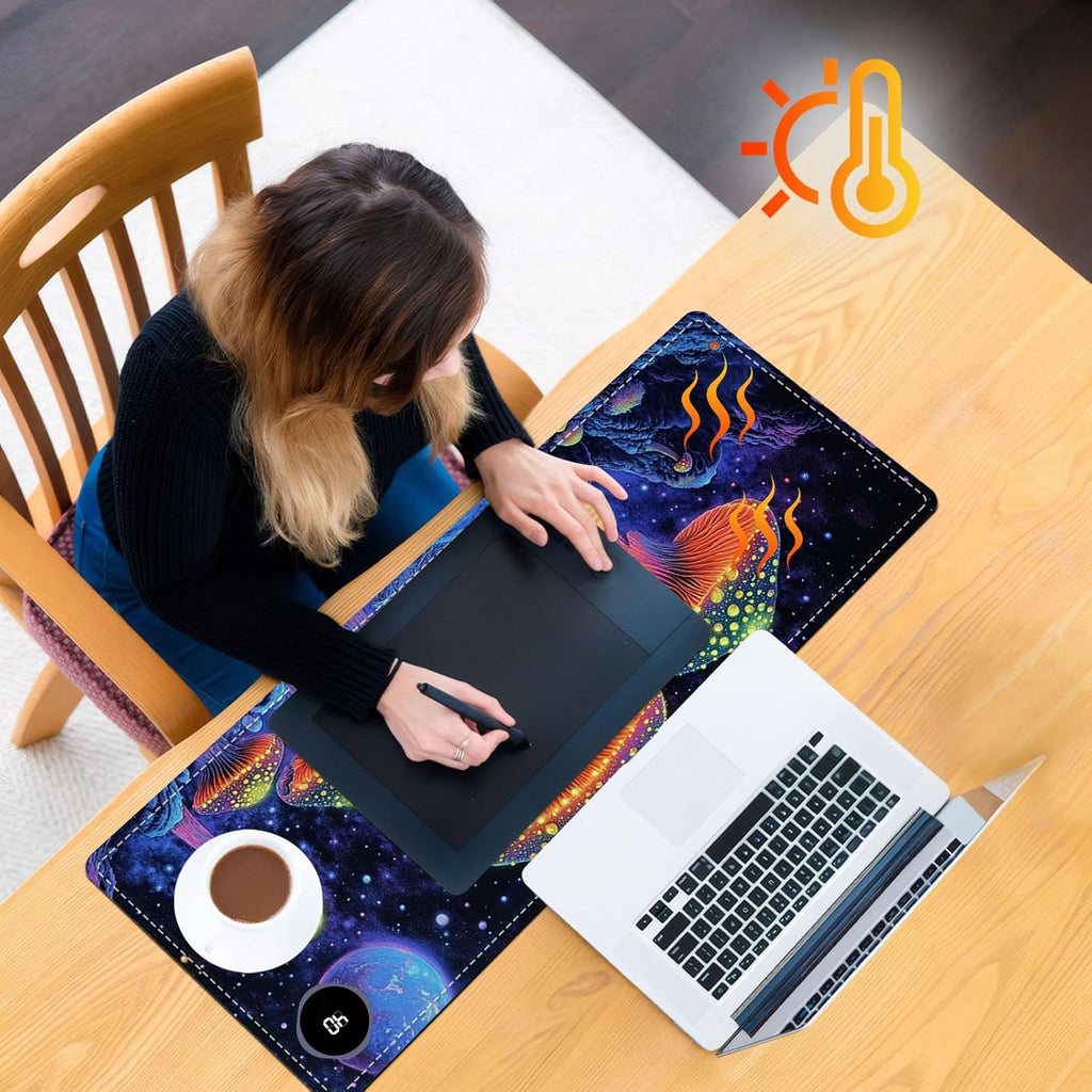 Heated Mouse Pad 31.5x13 in 3-Temp Fast Heating Desk Mat with Auto Timer Warmer for Hands Wrist Pain Relief Waterproof Keyboard Mat for Office, Gaming, Home, Mushroom Galaxy Art