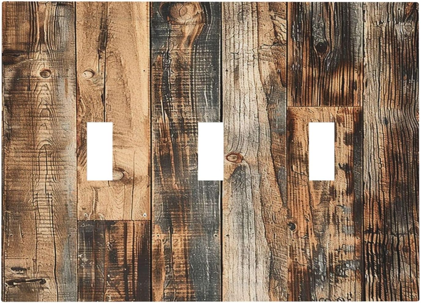 Decorative Switch Plates Rustic Brown Wood Pattern Splice Plank 3 Gang Wall Plate Triple Toggle Light Switch Cover Faceplate Electrical Wall Panels For Farmhouse Cabin Decor