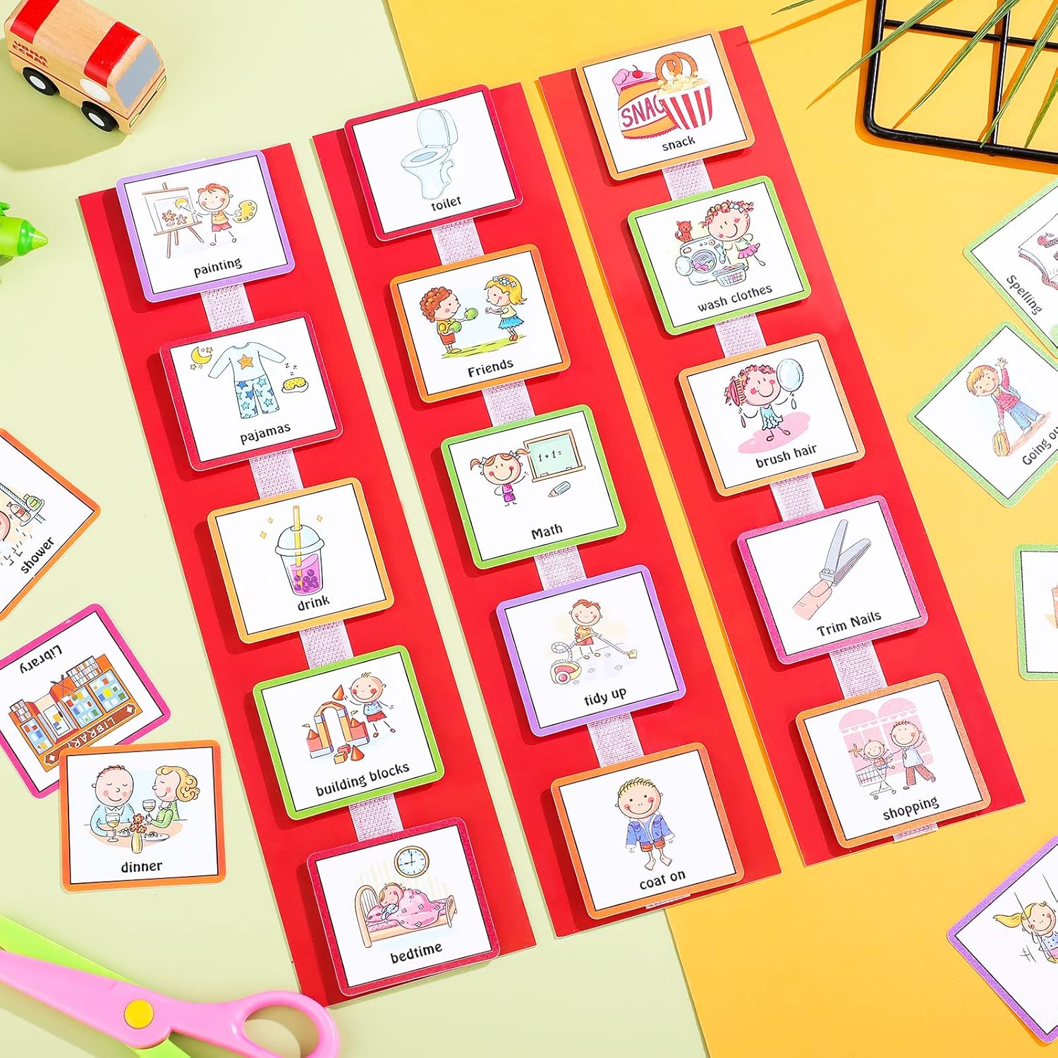 Geyee 60 Pcs Visual Schedule Cards Daily Routine Chart Visual Planner Cards Bulk for Autism Learning Materials Asperger's ADHD Home Education Behavioral Tool(Red)