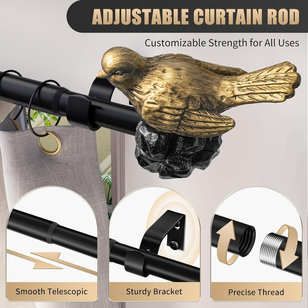 Vintage Gold Curtain Rod 36 to 120 Inches Curtain Rods for Windows Adjustable Heavy Duty Drapery Rod with Bird Finials for Living Room Bedroom