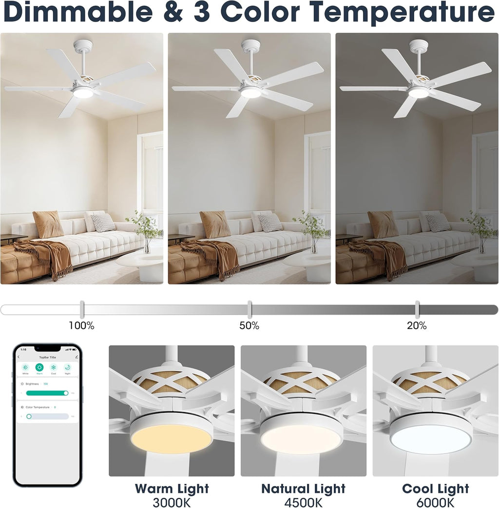WINGBO 52" Smart Ceiling Fan with Lights, White/Oak Blades, 6 Speeds Reversible DC Motor, Works with Alexa and Google Assistant, 3CCT Dimmable LED Ceiling Fan for Bedroom Living Room, White Finish