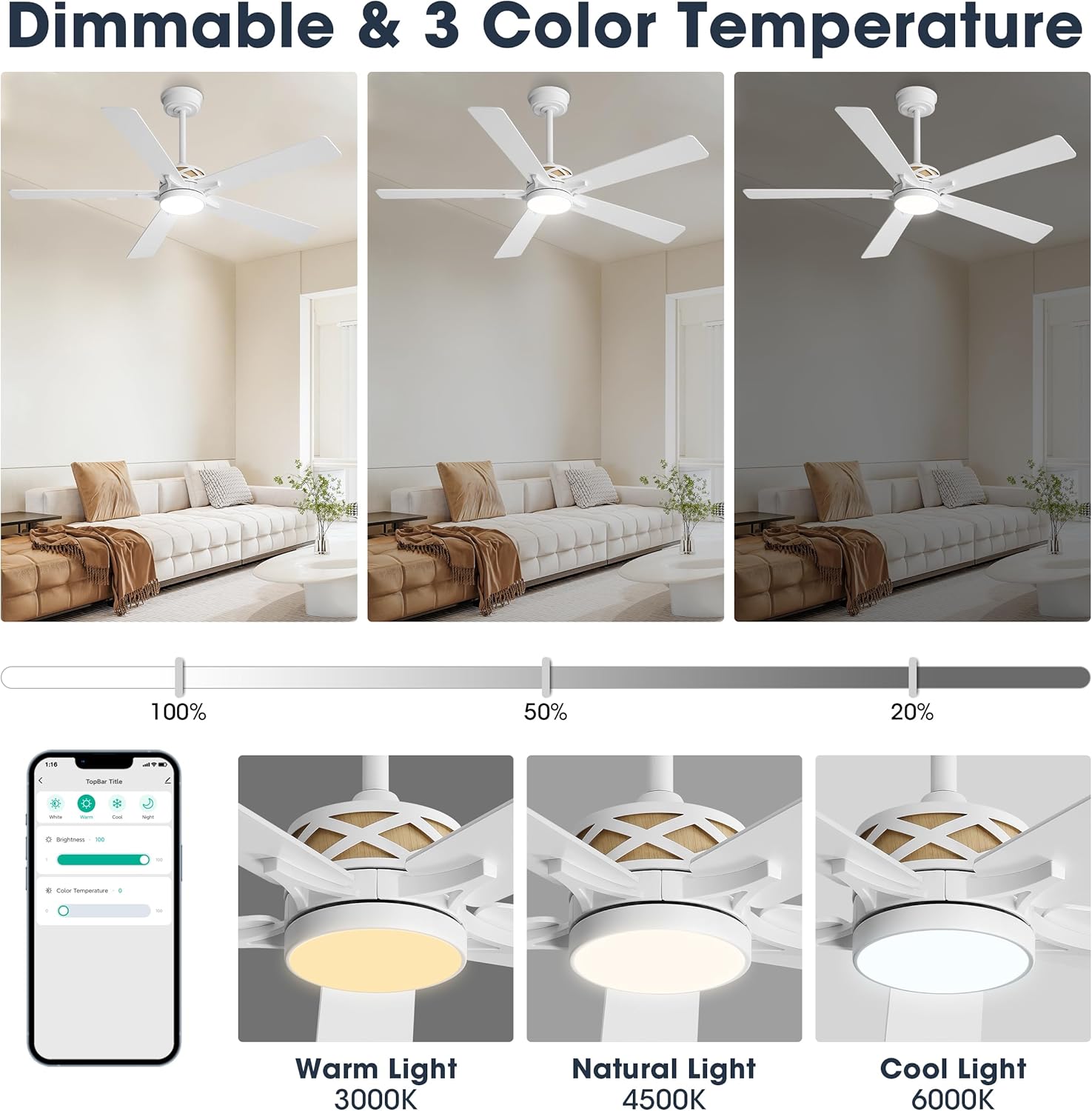 WINGBO 52" Smart Ceiling Fan with Lights, White/Oak Blades, 6 Speeds Reversible DC Motor, Works with Alexa and Google Assistant, 3CCT Dimmable LED Ceiling Fan for Bedroom Living Room, White Finish