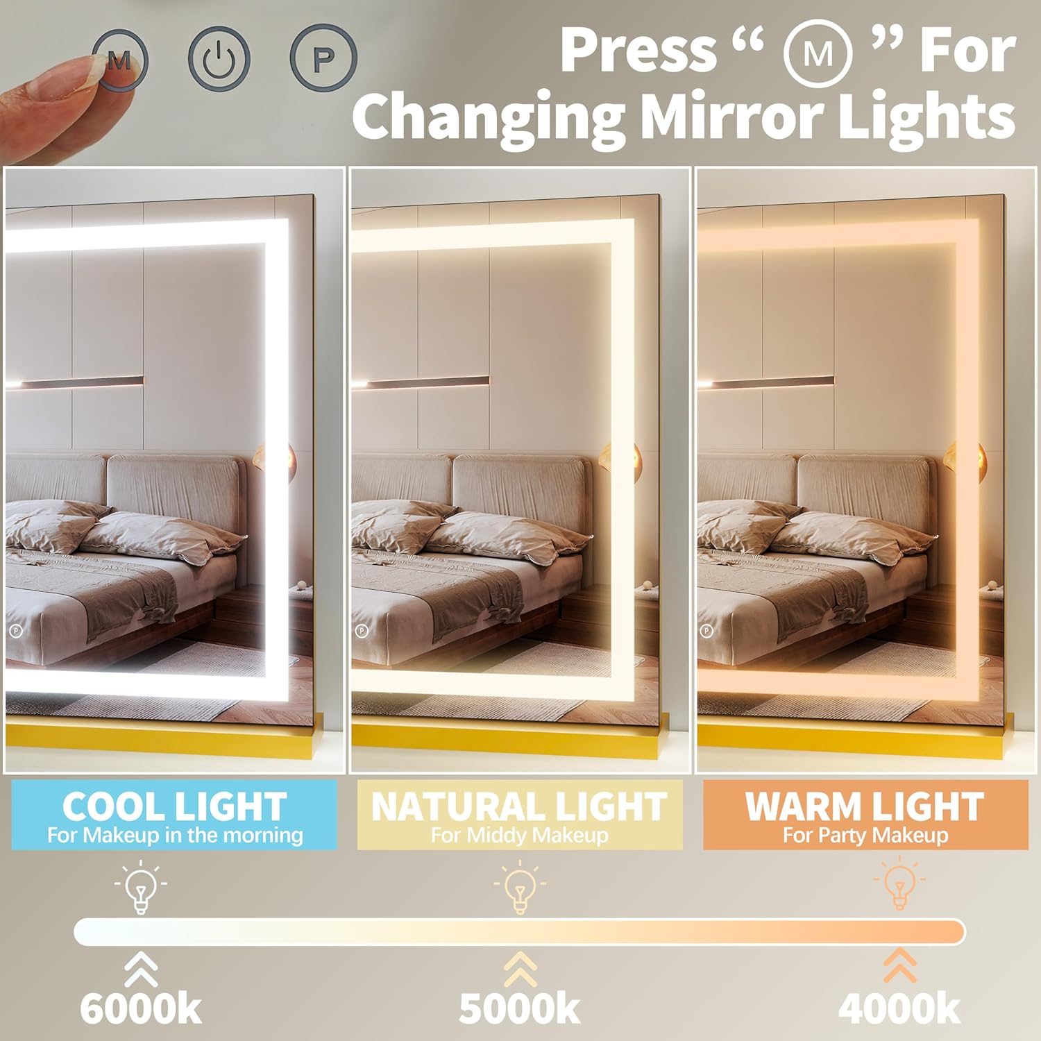FENNIO 23" x 18" Vanity Mirror with Lights，LED Makeup Mirror，Hollywood Mirror with 3 Color Modes & Adjustable Brightness，Vanity Mirror Square Gold