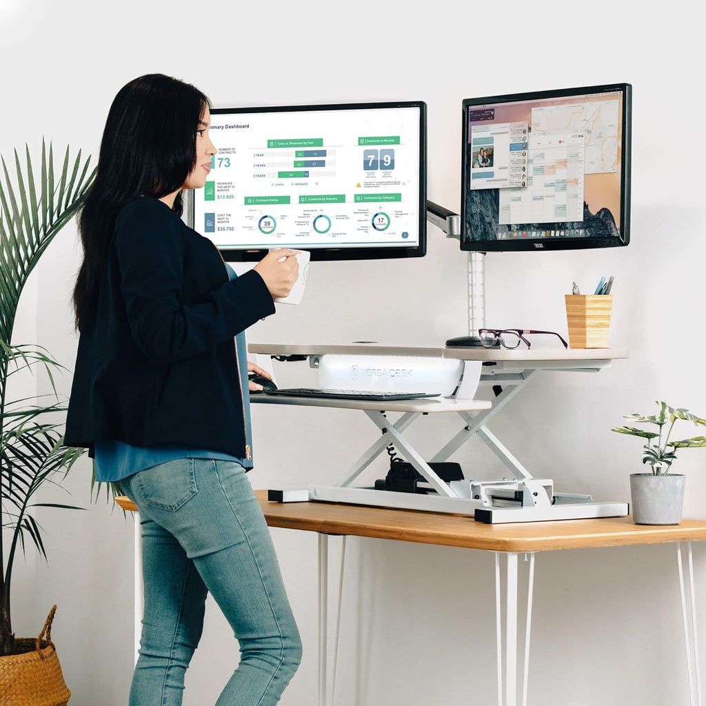 VERSADESK® PowerPro™ Electric Standing Desk Converter - Height Adjustable Desk Riser with Keyboard Tray - Holds 80 lbs - Built-in USB Charging Port - Ergonomic Sit Stand Workstation | White (36 inch)