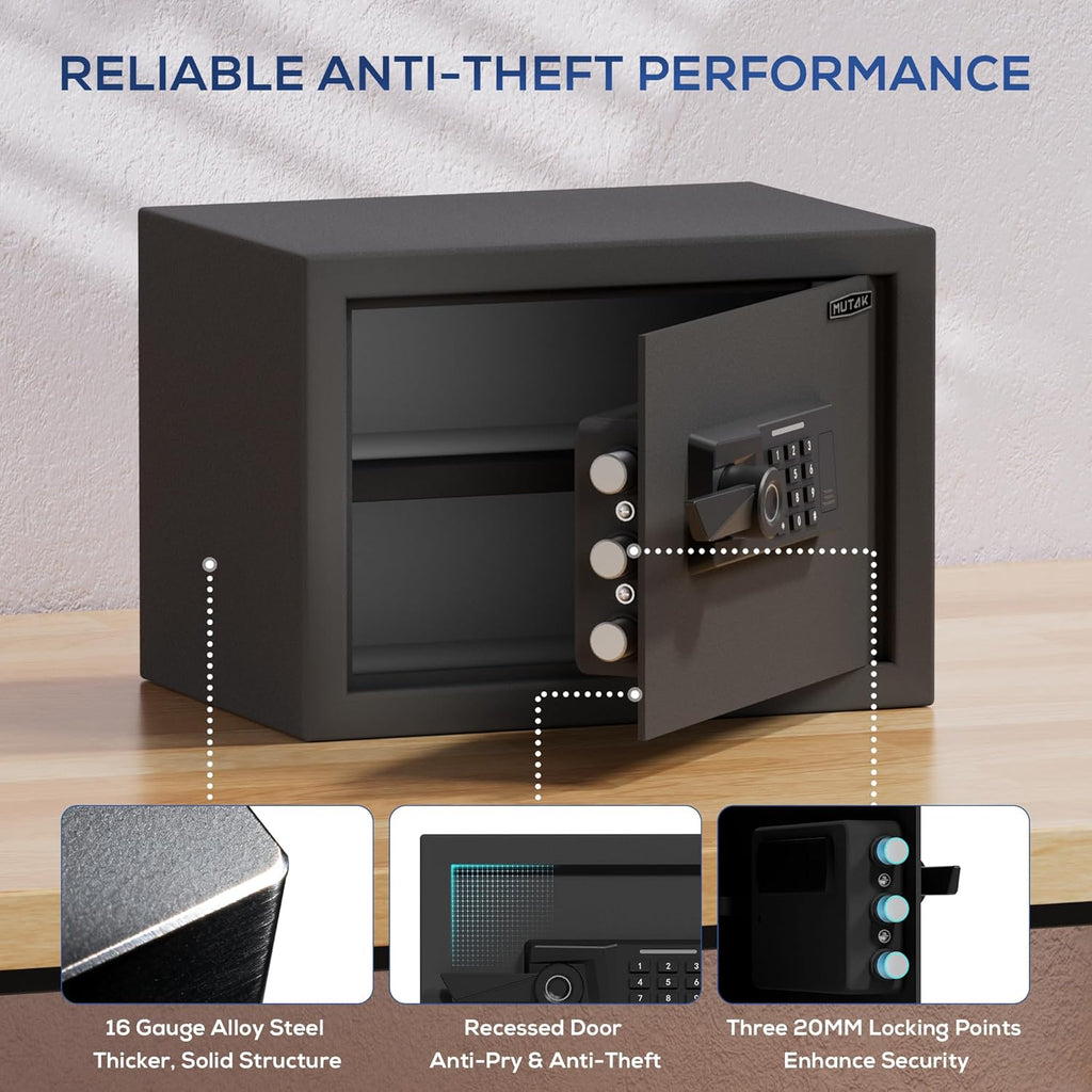1.0 Cub Biometric Safe Box with Fireproof Bag, Quick-Access Fingerprint Safe with Keys, Digital Keyboard, Type-C Port, Dual Alarm System Safety Box for Home, Office, Hotel Use(Black)