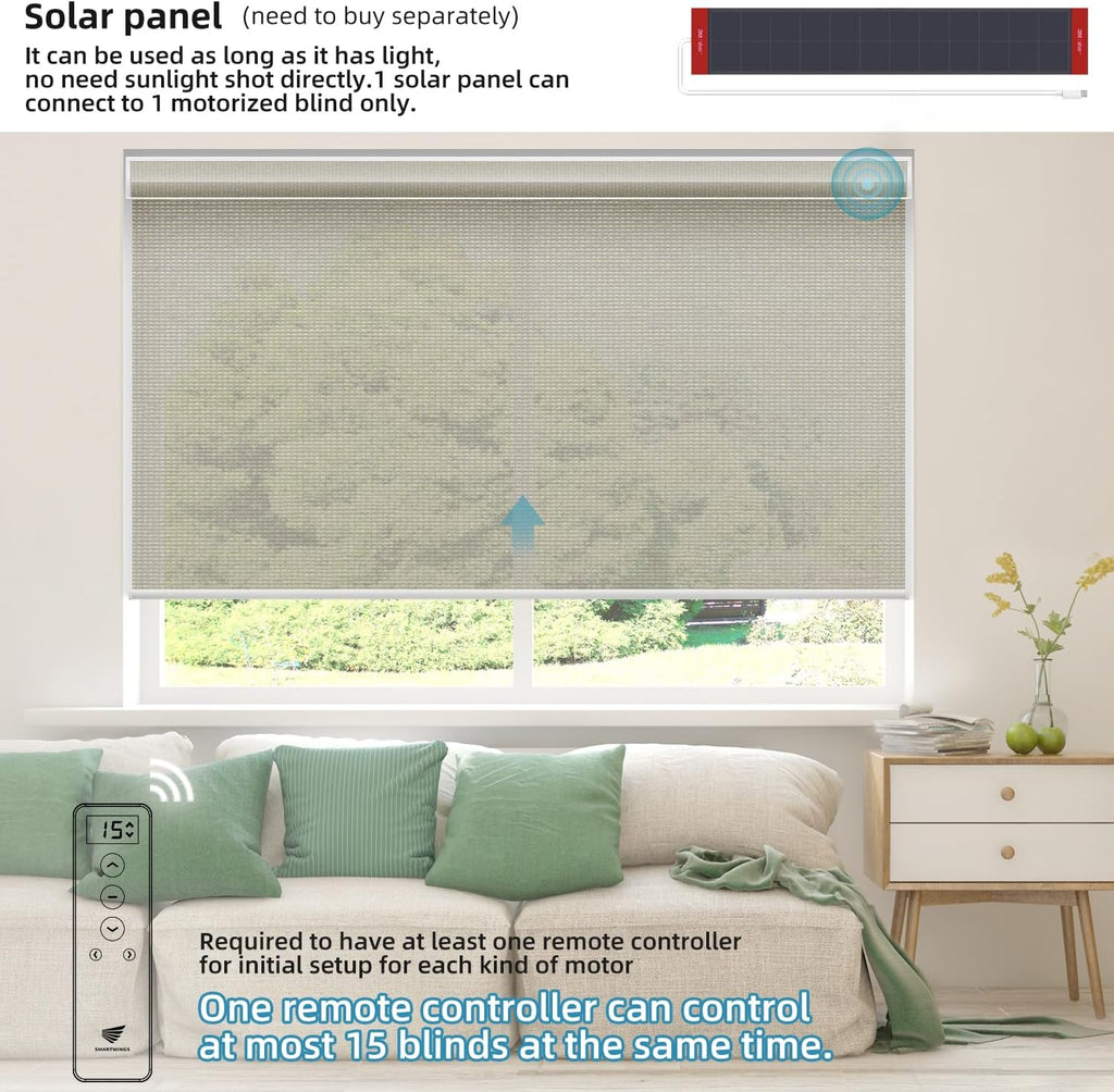 SmartWings Motorized Roller Shade, 50% Light Filtering Smart Window Blinds Semi-Blackout PVC Free Work with Apple Homekit Alexa Matter Z-Wave Zigbee Google Home, Remote Control Electric Blind, Stone