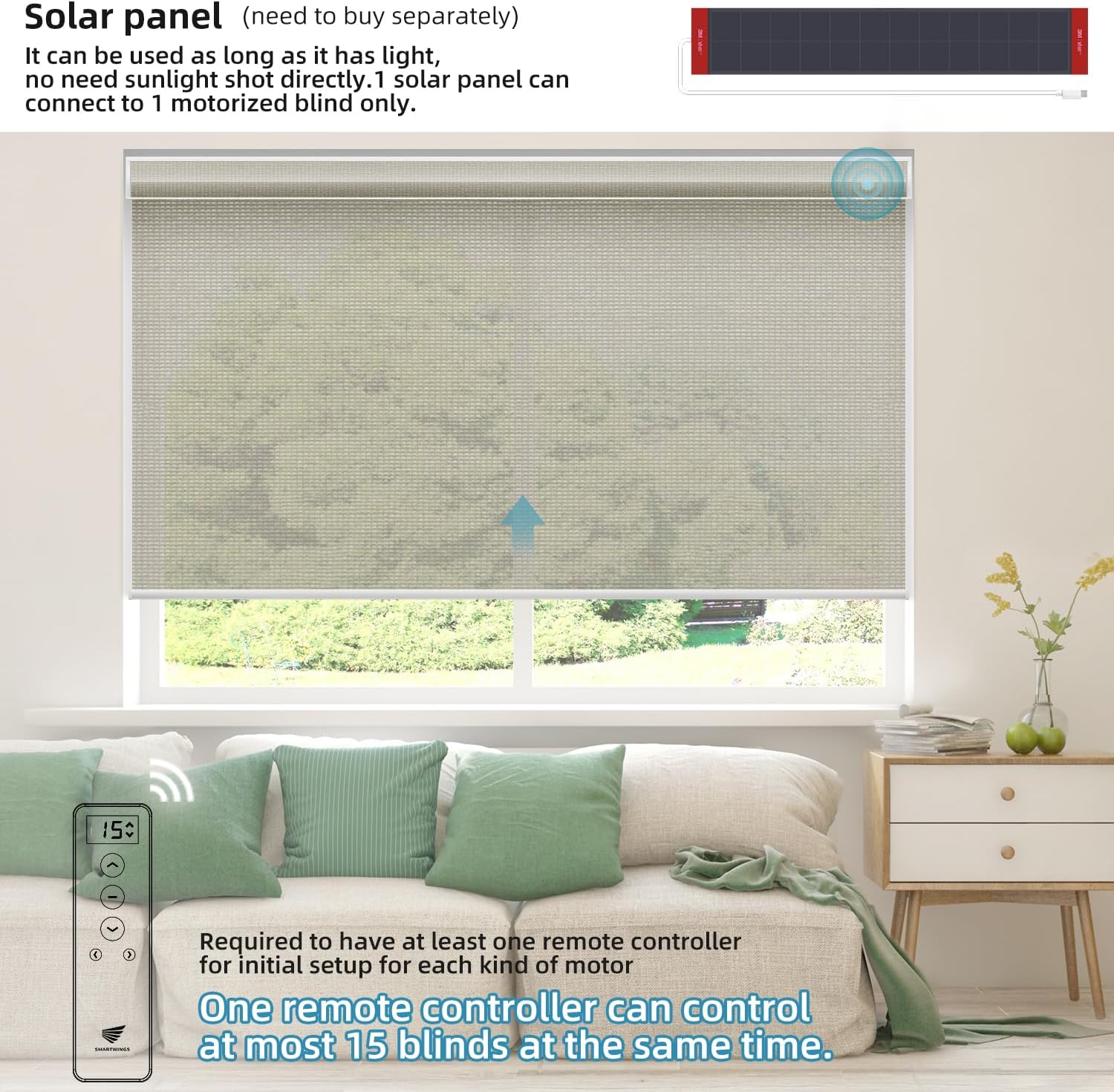 SmartWings Motorized Roller Shade, 50% Light Filtering Smart Window Blinds Semi-Blackout PVC Free Work with Apple Homekit Alexa Matter Z-Wave Zigbee Google Home, Remote Control Electric Blind, Stone