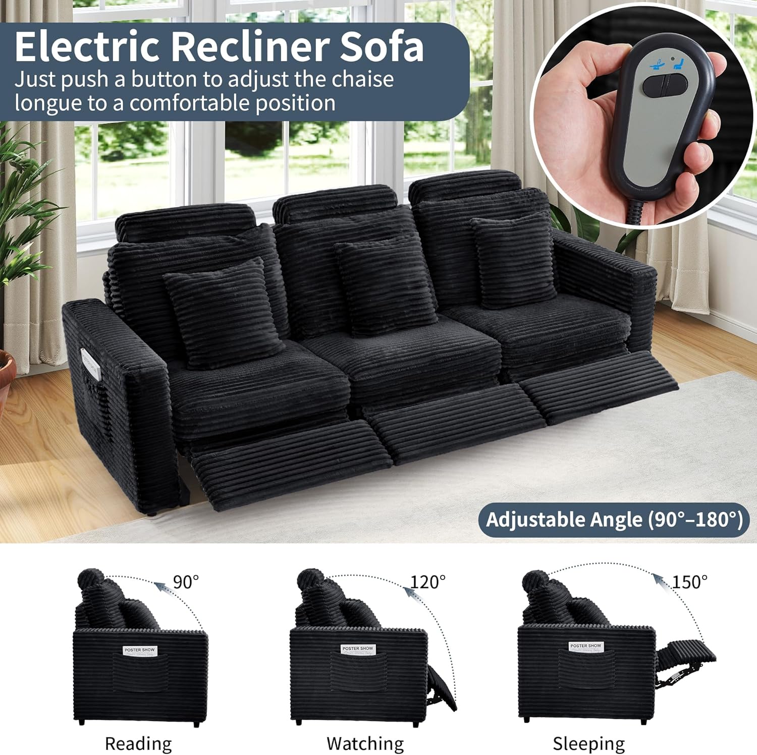 LEVNARY Modular Power Recliner Chair, Faux Rabbit Fur Upholstered Single Seat with Electric Lift Function, Compatible with Modular Sofa System (Black)