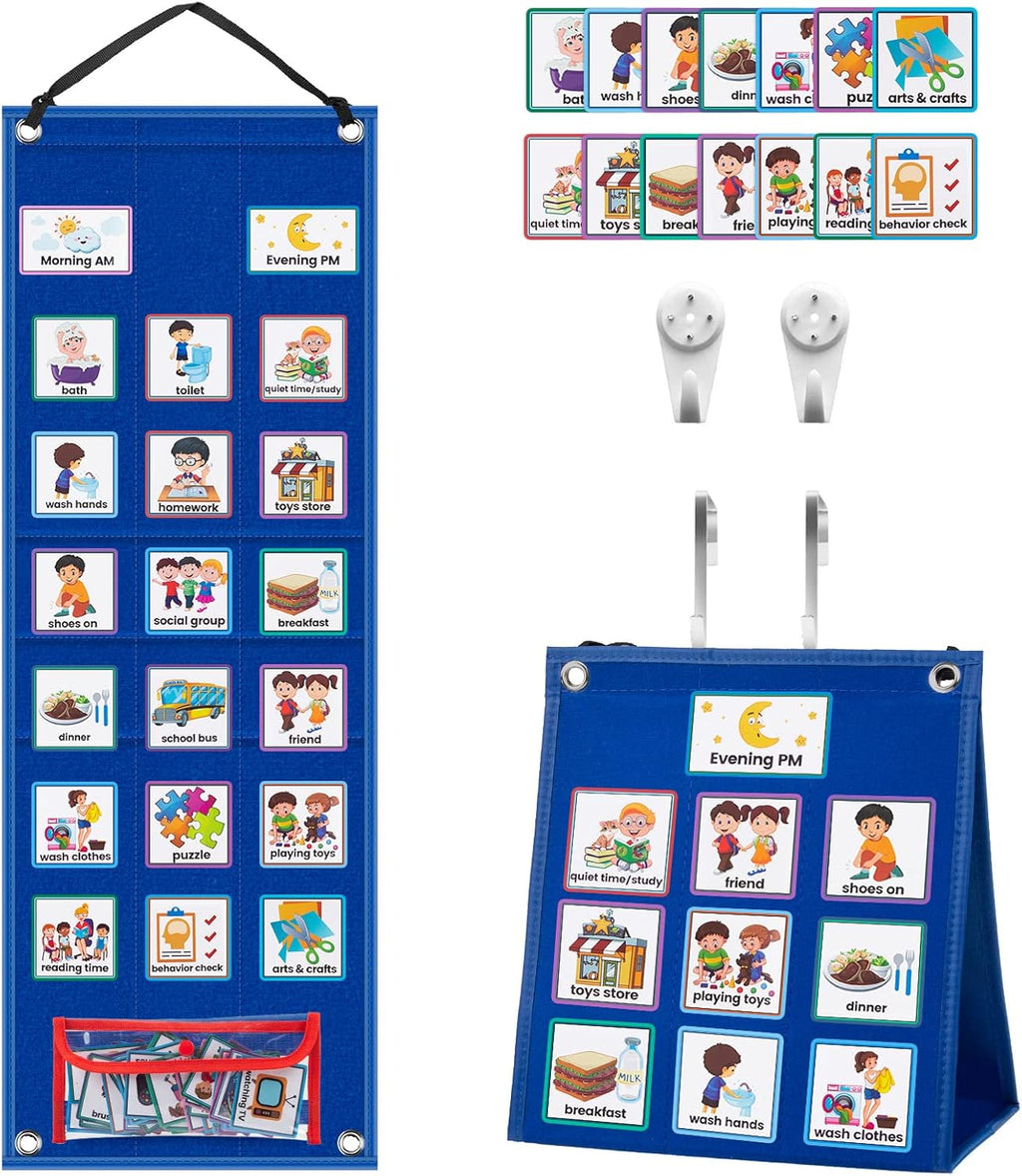 KIKIGOAL Kids Visual Schedule Calendar Chart, 2 in 1 Autism Daily Chore Routine Chart with 70 Cards Autism Learning Materials Kids Visual Behavioral Tool Wall Planner for Home School (Blue)