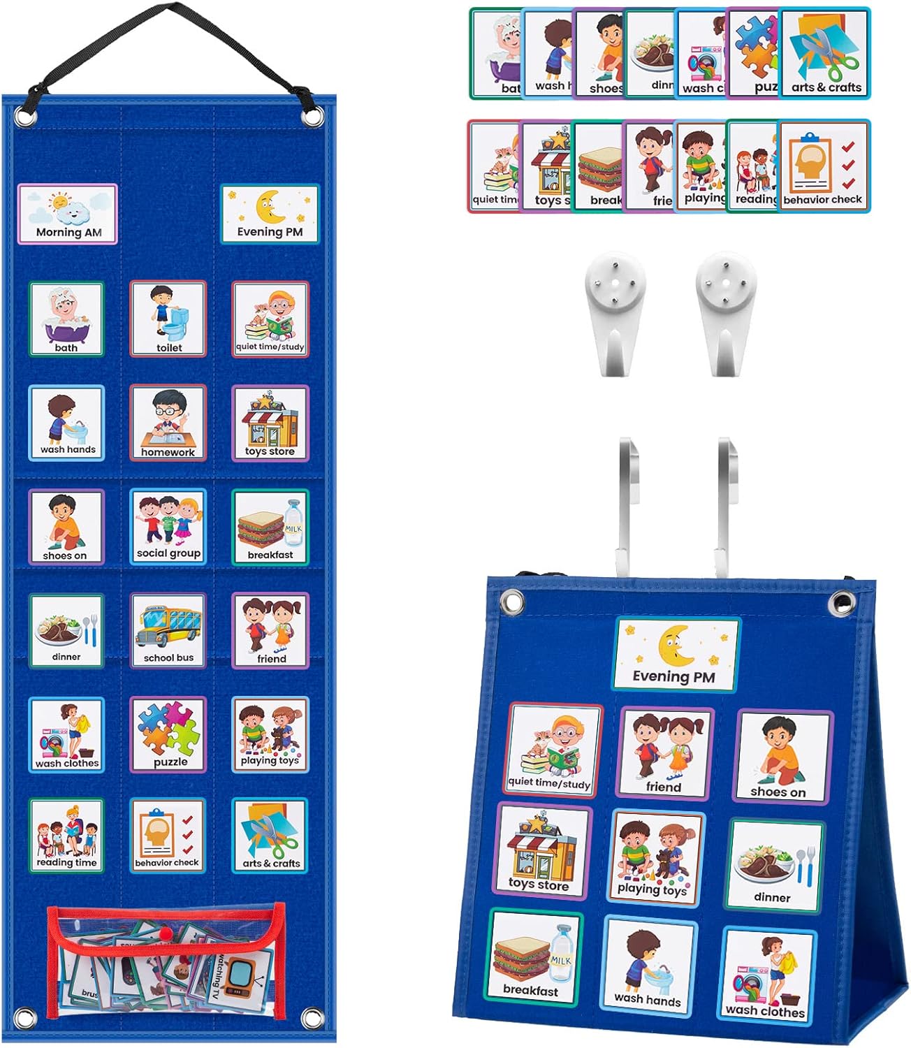 KIKIGOAL Kids Visual Schedule Calendar Chart, 2 in 1 Autism Daily Chore Routine Chart with 70 Cards Autism Learning Materials Kids Visual Behavioral Tool Wall Planner for Home School (Blue)