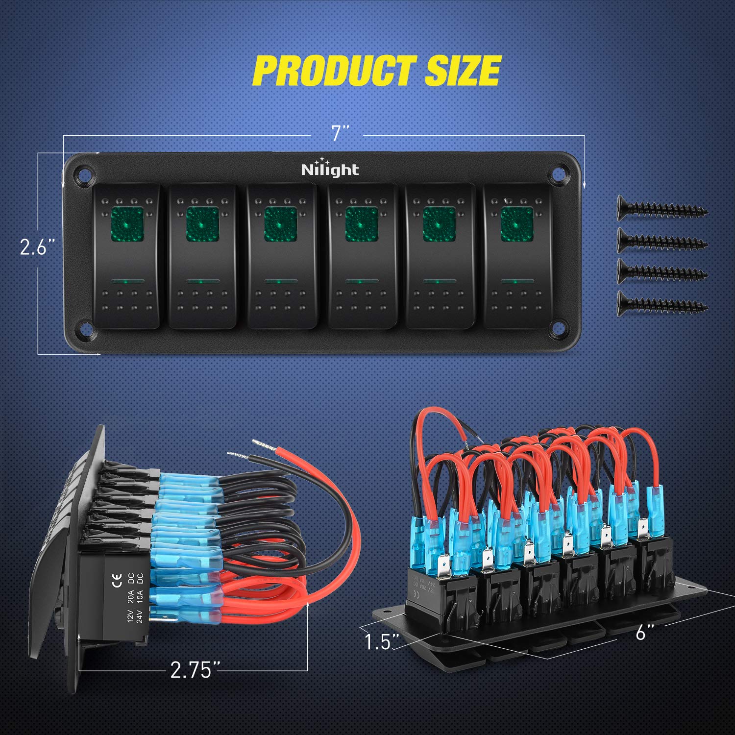 Nilight 6 Gang Rocker Switch Panel 5Pin On Off Toggle Aluminum Holder 12V 24V Dash Pre-Wired Green Backlit Switches for Automotive Cars Marine Boats RVs Truck