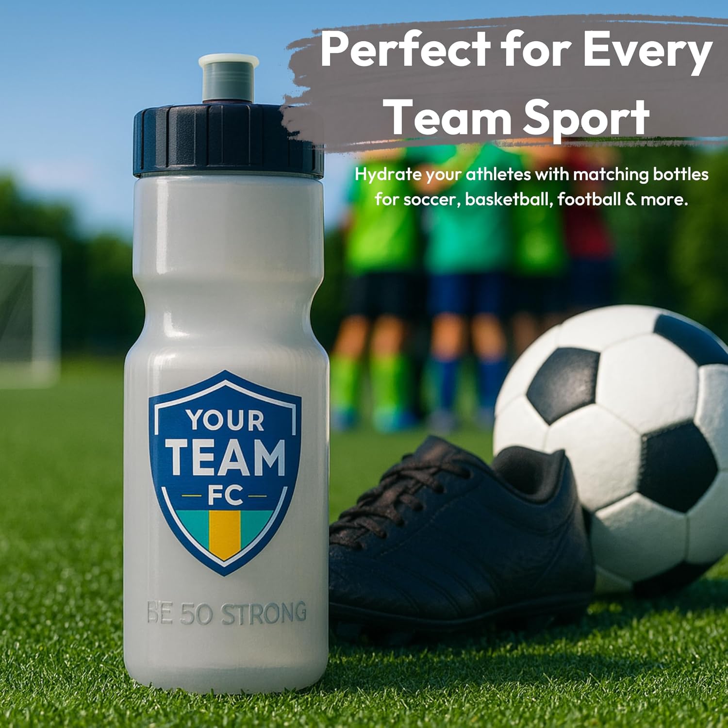 50 Strong Sports Water Bottles – Reusable 22 oz BPA-Free Plastic Bottles with Pull Top Cap – Made in USA – Top Rack Dishwasher Safe – Fits Most Bike Cages Brand