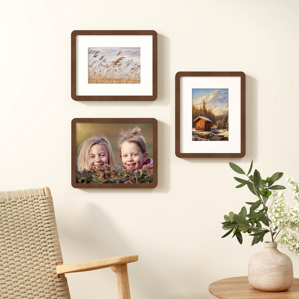 8x10 Picture Frame, Rustic 8 by 10 Photo Frame for Wall & Tabletop Display - Solid Oak Wood & Tempered Glass, 8x10 Picture Frame Matted to 5x7, Wood Collage Frames for Home, Walnut Color, 3 Pack