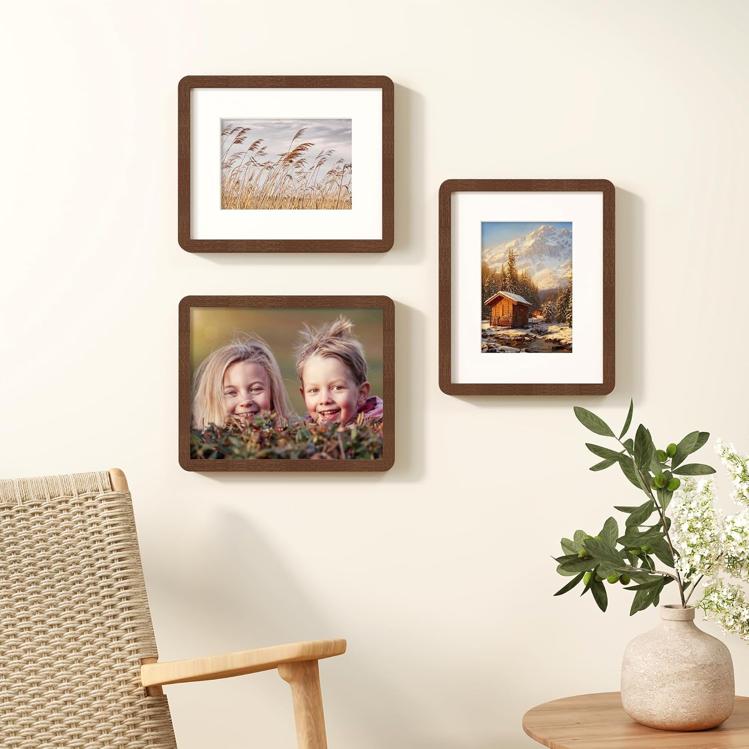 8x10 Picture Frame, Rustic 8 by 10 Photo Frame for Wall & Tabletop Display - Solid Oak Wood & Tempered Glass, 8x10 Picture Frame Matted to 5x7, Wood Collage Frames for Home, Walnut Color, 3 Pack