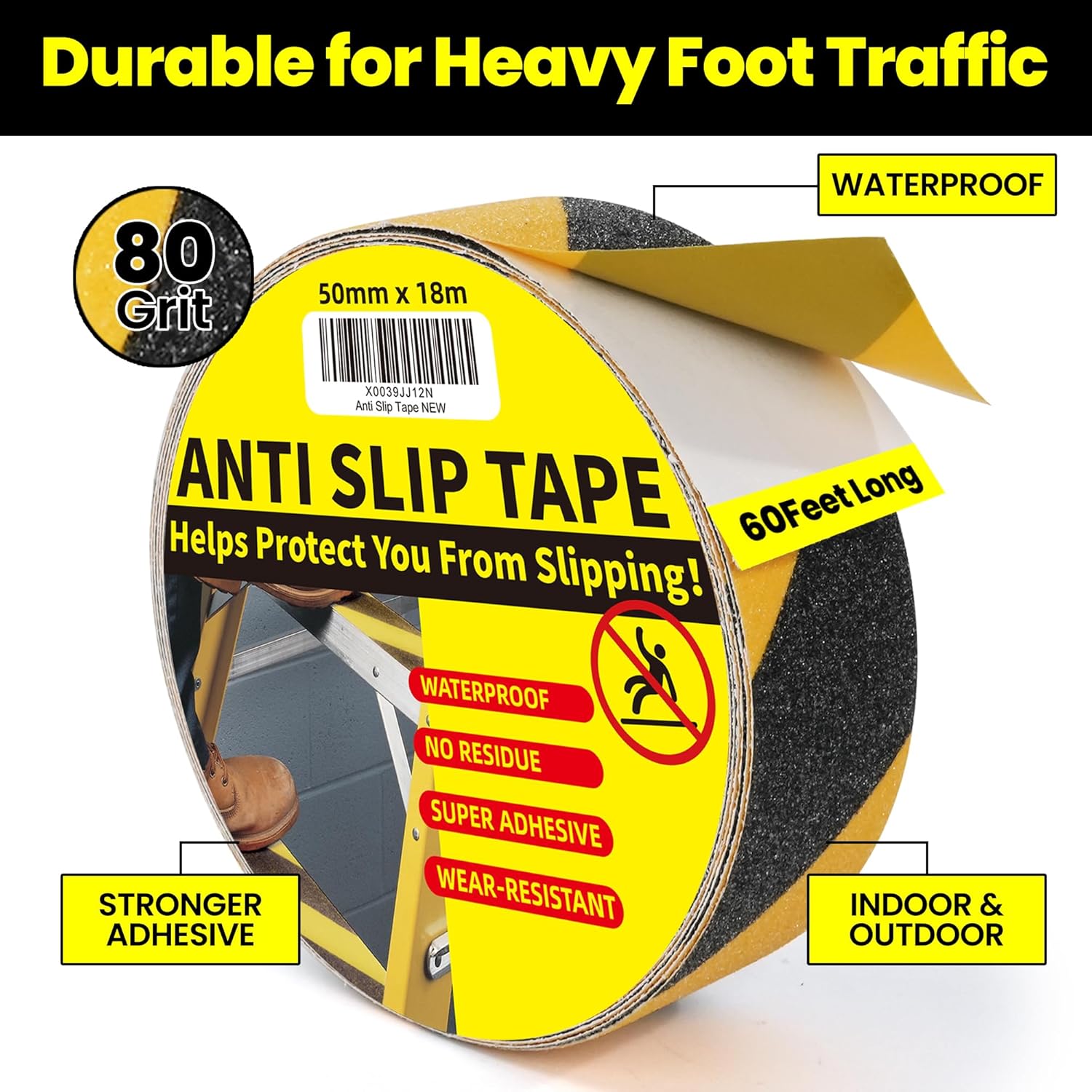 TAPEBEAR Black and Yellow Safety Tape 2inch x 60feet, Anti Slip Grip Tape Anti Skid Safety Warning Strips Traction Tape Waterproof for Indoor Outdoor Step, Stairs, Ladder, 2Rolls