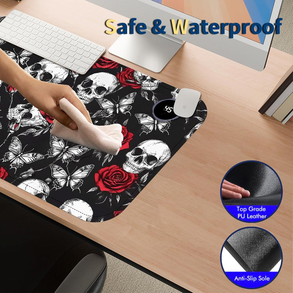 Heated Mouse Pad with 3 Temperature Settings(104°F–122°F),Large 24x14.2 Inch PU Leather Heated Desk Mat,Waterproof Warming Pad for Office,Gaming & Cold Hands Relief,Skeleton Skull Rose