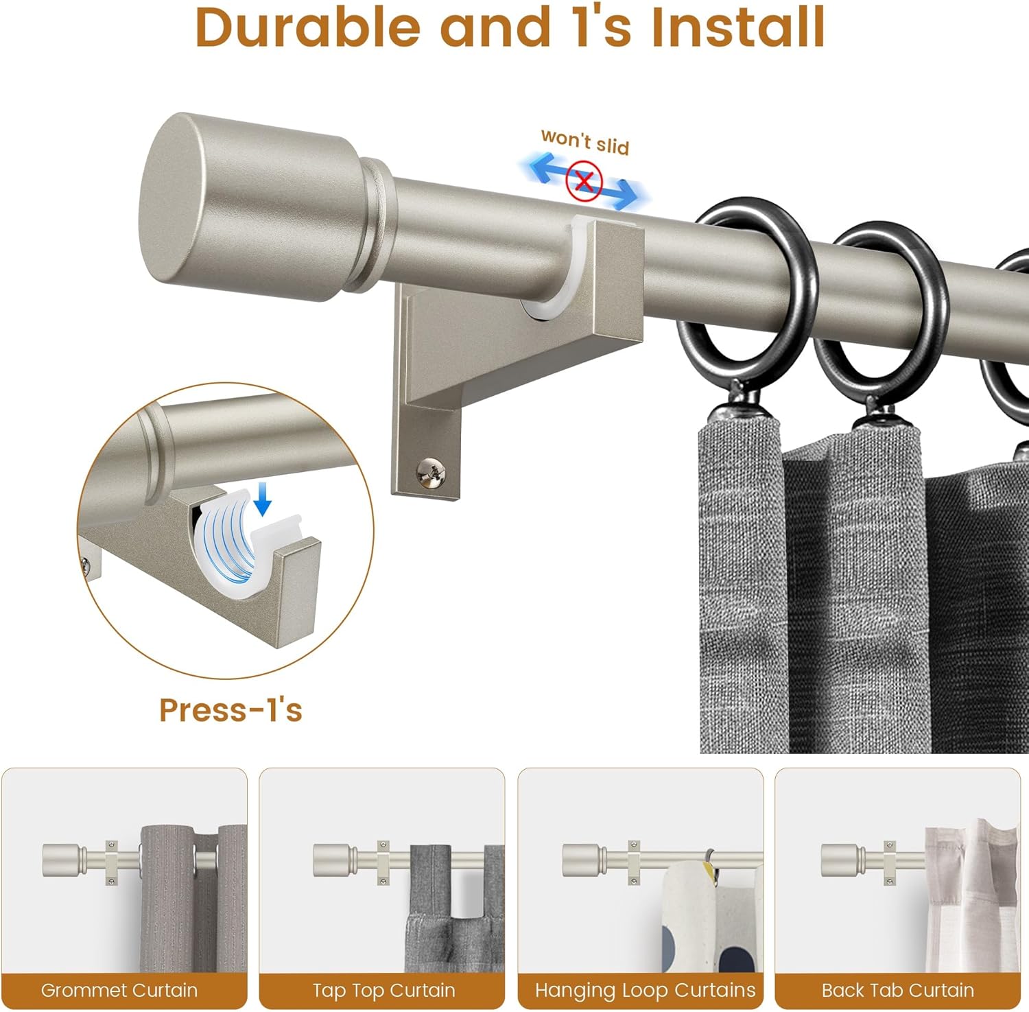 Nickel Aluminium Curtain Rods for Windows,1 Inch Adjustable Curtain Rod 48 to 84 Inch,Heavy Duty Drapery Rods with Thicken Bracket,Modern Single Rod with Aluminium Finials