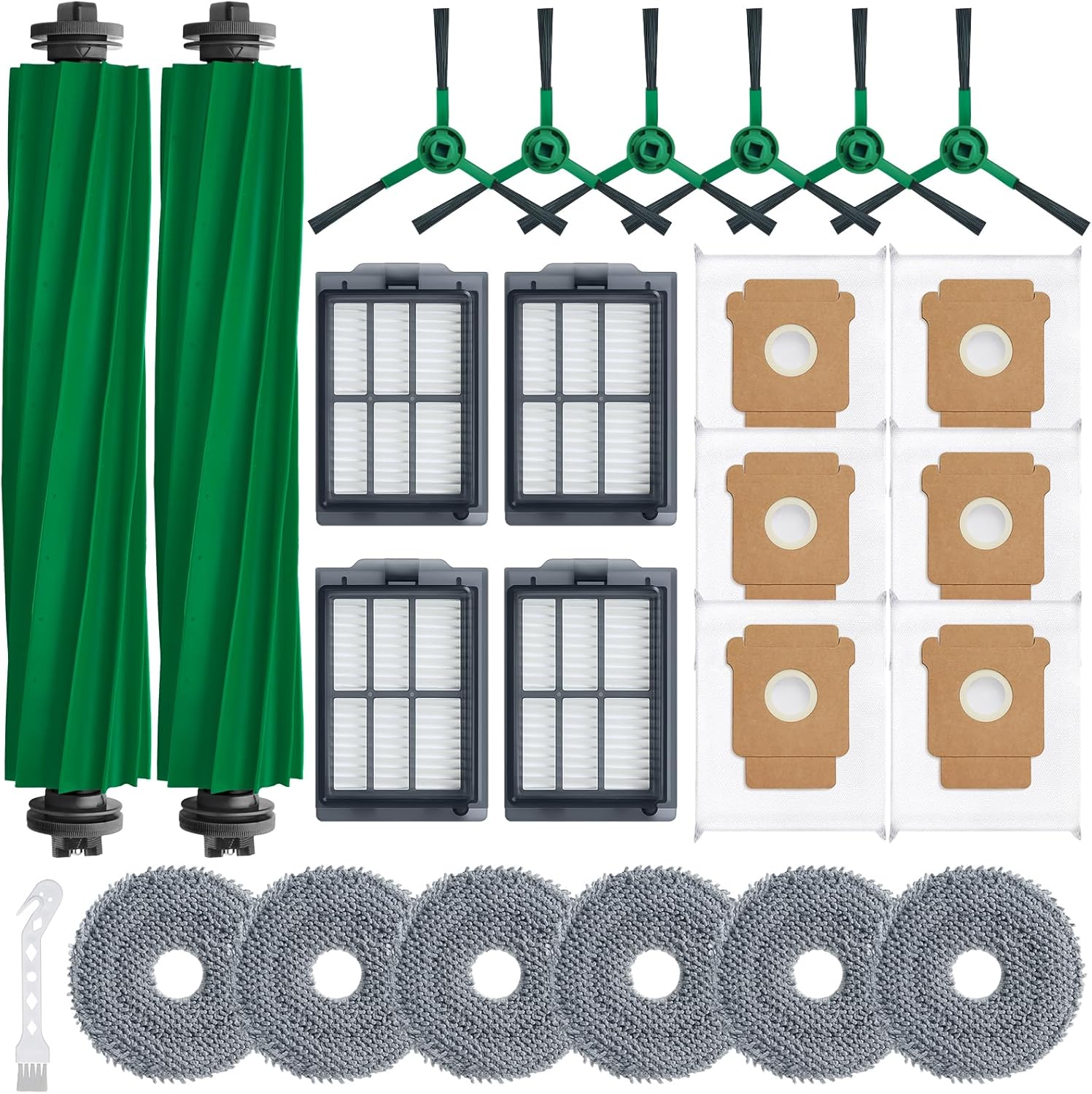 Plus 405 Combo Replacement Parts for Roomba Plus 405 Combo Plus 505/ 507Combo Robot Vacuum Cleaner Parts with 2 Roller Brush, 4 HEAP, 6 Mops, 6 Dust Bags, 6 Side Brushes, 1 Clean Brush