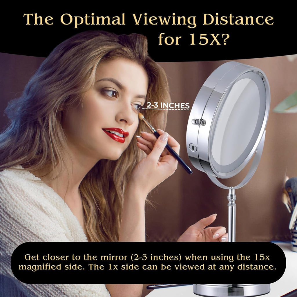 Super Zoom 15X Magnifying Makeup Mirror with Lights - 15X & 1X Make Up Vanity Mirror with 3 Lighting Modes, Rechargeable Battery with USB Cable - 8" Wide & 15" Tall (Chrome)