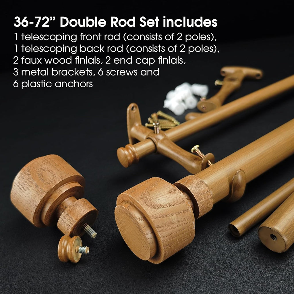 1-1/8 Inch Diameter Faux Wood Curtain Rod with Wood Grain Finials, 36-72 inch Telescoping Double Curtain Rods for window width 24-68 inch, 1 pack
