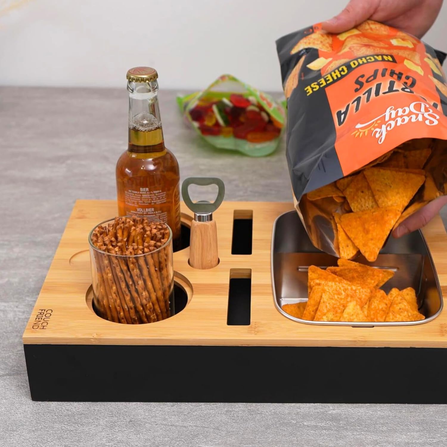 D&D Living® Couch Caddy - Bamboo Couch Console | Anti-Spill Drink and Cup Holder | Snack Organizer Tray for Sofa with Bottle Opener
