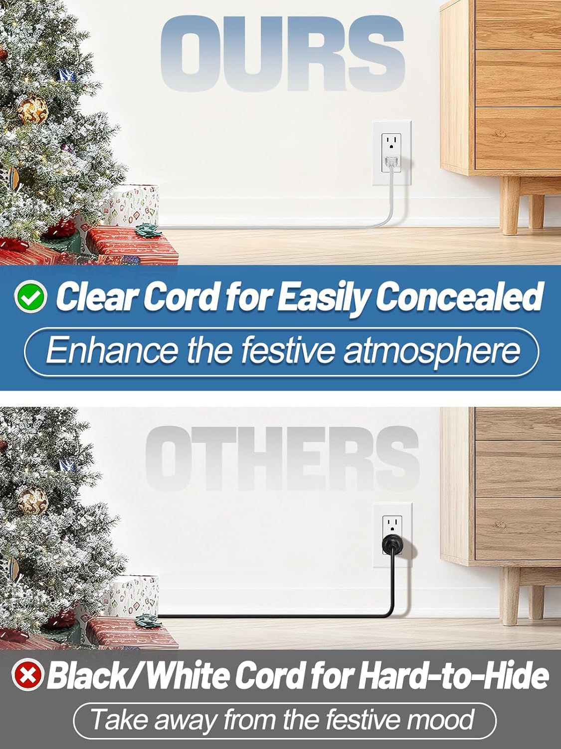 15ft Clear Extension Cord - Male to Female Invisible Indoor Thin 2 Prong Power Cable for Christmas Light Extension Cord, UL-Certified (2 x 18 AWG 250V 6A)