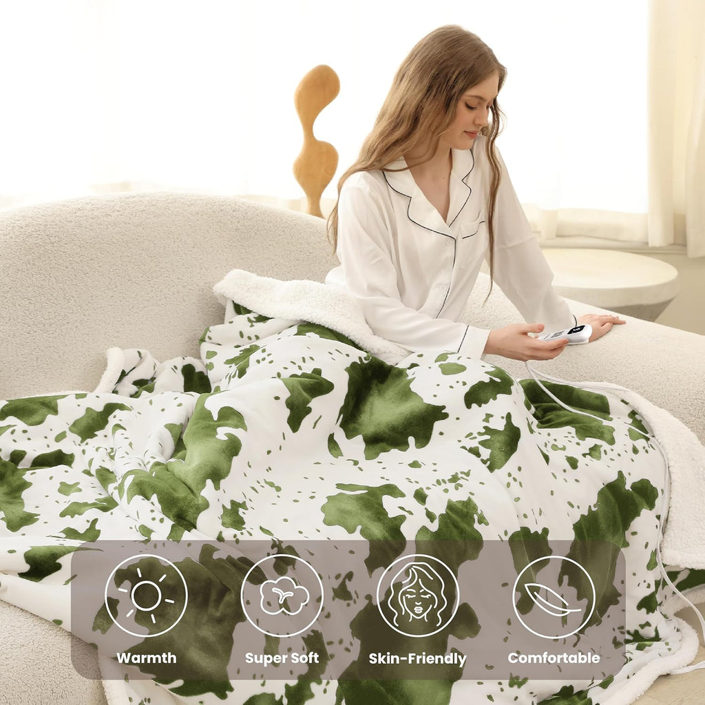 Cow Print Heated Blanket Full-Heating Electric Blanket Full with 10 Heat Levels & 10 Hours Auto-Off, Cozy Soft Fleece Sherpa, Washable, 72 x 84 Inche Cow Print Sage