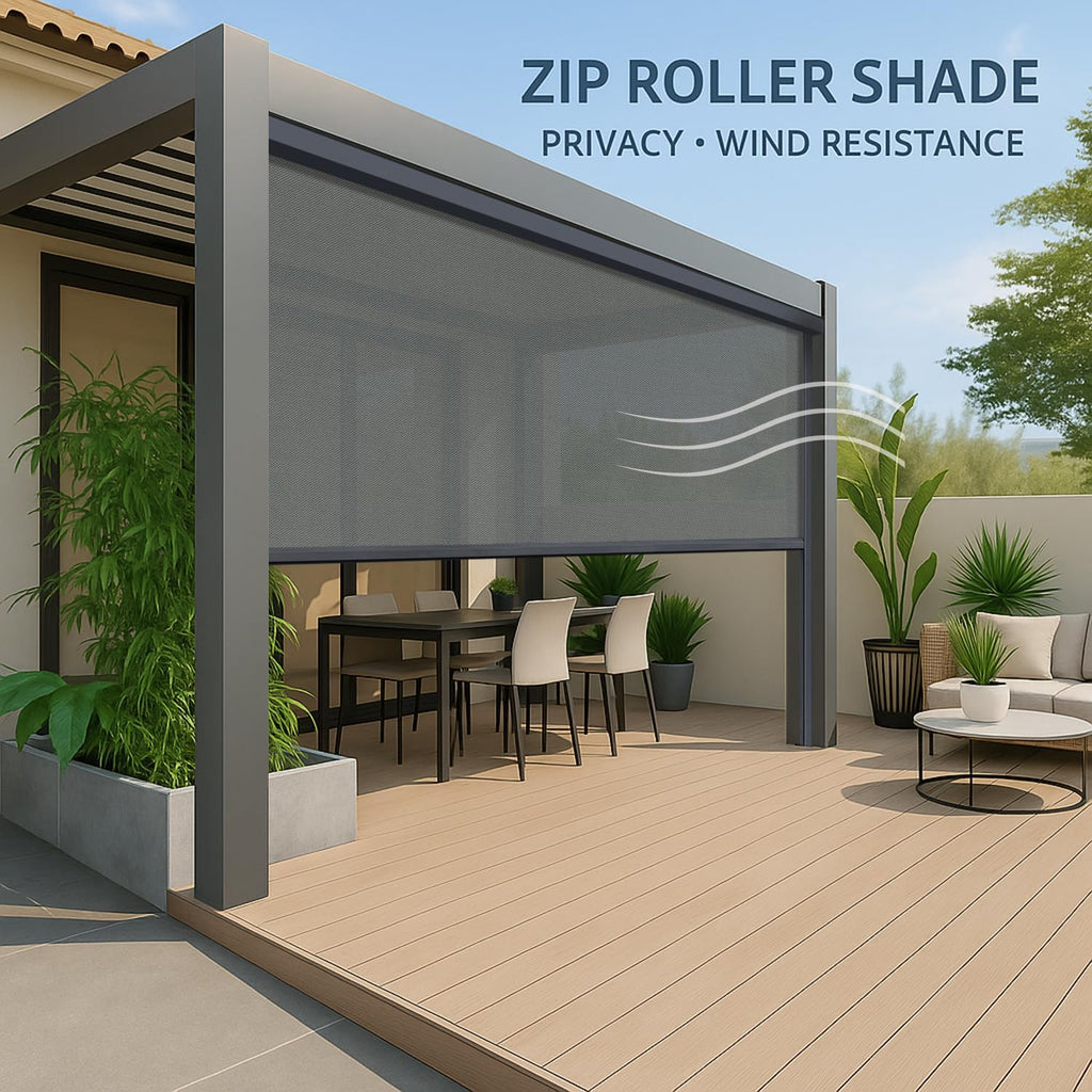 ZSHINE Hard-Wired Outdoor Weatherproof Motorized Patio Roller Shades Remote Control for Porch Balcony Customized Size (Grey 5% Openness)