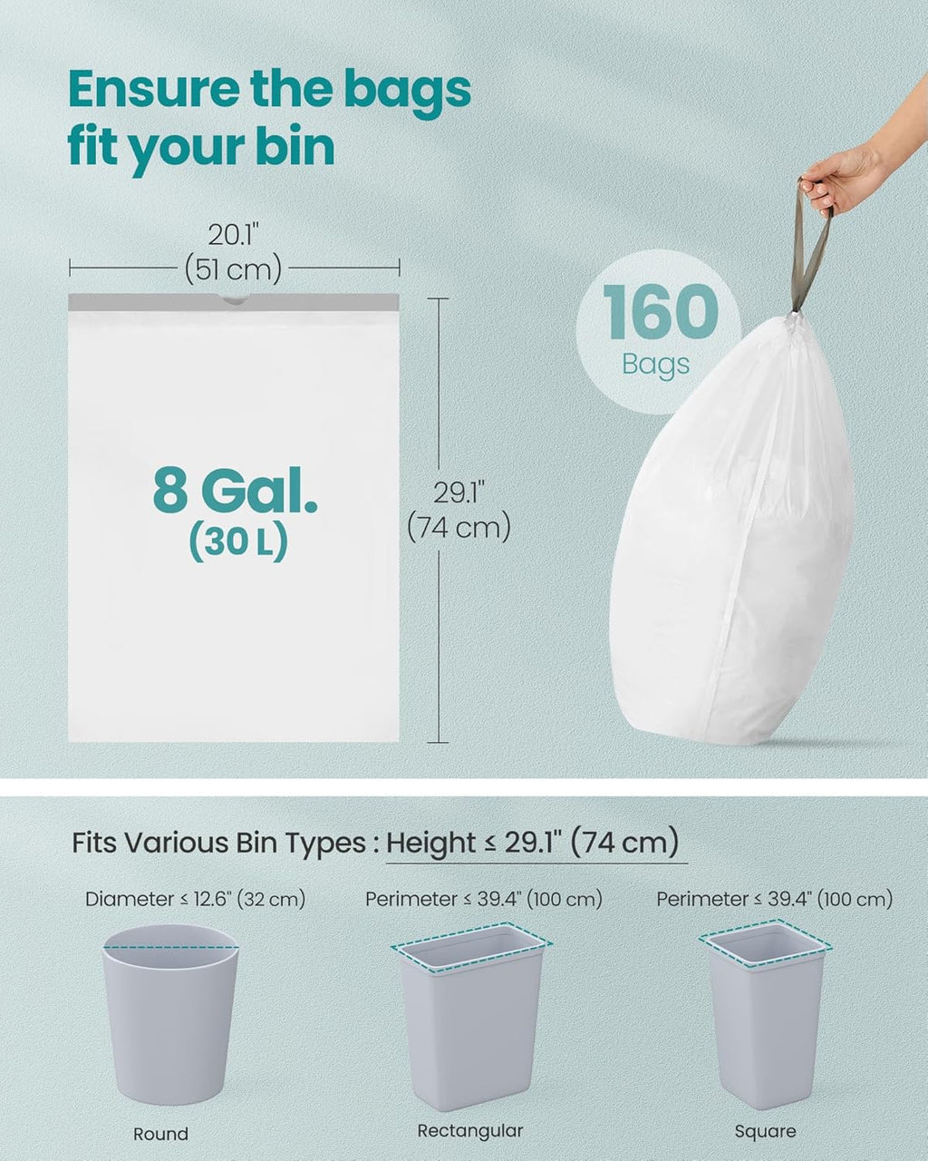 SONGMICS Trash Bags for 8-Gallon (30 L) Trash Cans, Drawstring Kitchen Garbage Bags, Pre-Separated, Quick-Dispense Box, Liner Code H, 4 Rolls, 160 Count, White UKRB031A04