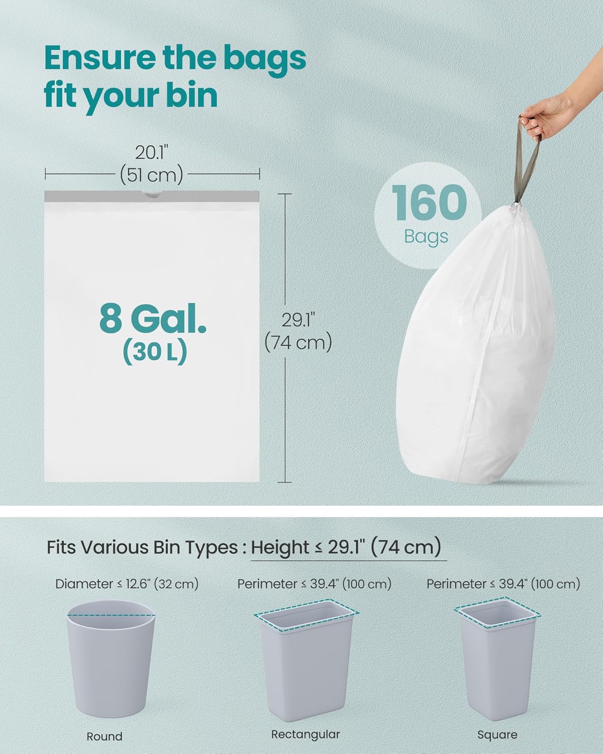 SONGMICS Trash Bags for 8-Gallon (30 L) Trash Cans, Drawstring Kitchen Garbage Bags, Pre-Separated, Quick-Dispense Box, Liner Code H, 4 Rolls, 160 Count, White UKRB031A04
