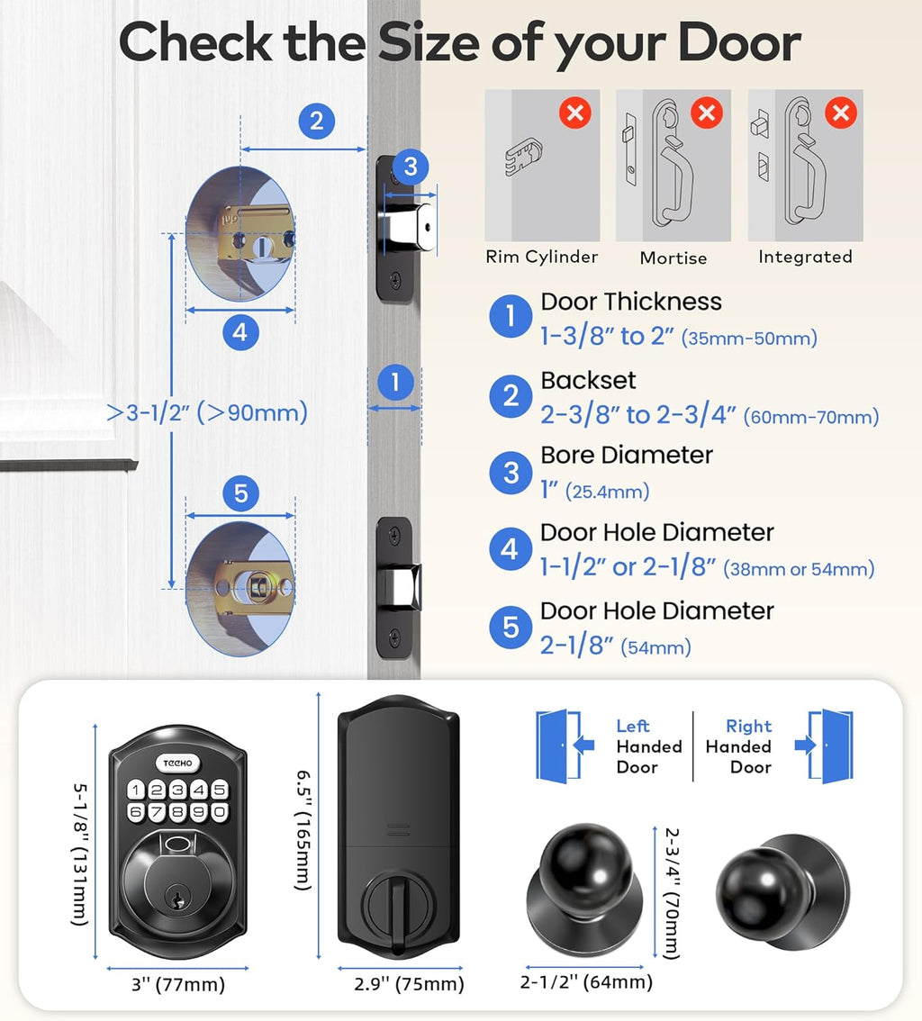 TEEHO TE012W-K WiFi Smart Keyless Entry Door Lock with Handle, Fingerprint Door Knob & Digital Keypad, APP Remote Control, Works with Alexa & Google, Electronic Deadbolt for Front Door, Matte Black