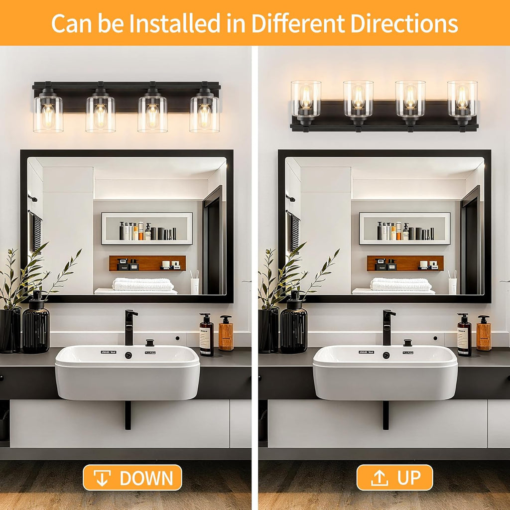 4 Light Modern Bathroom Light Fixtures Over Mirror, Black Vanity Lights for Bathroom Wall Sconces with Clear Glass Shades, E26 Socket (Bulbs Not Included)