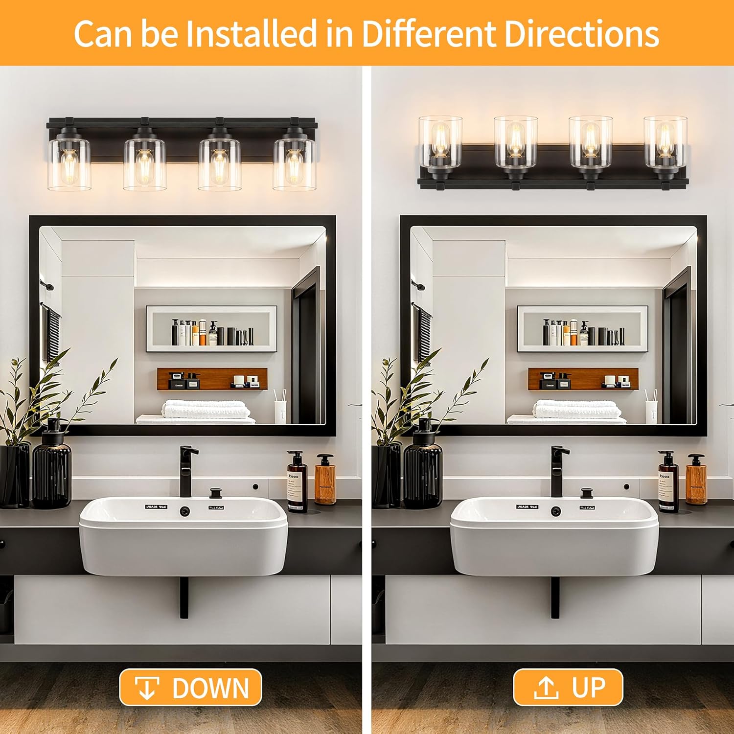 4 Light Modern Bathroom Light Fixtures Over Mirror, Black Vanity Lights for Bathroom Wall Sconces with Clear Glass Shades, E26 Socket (Bulbs Not Included)