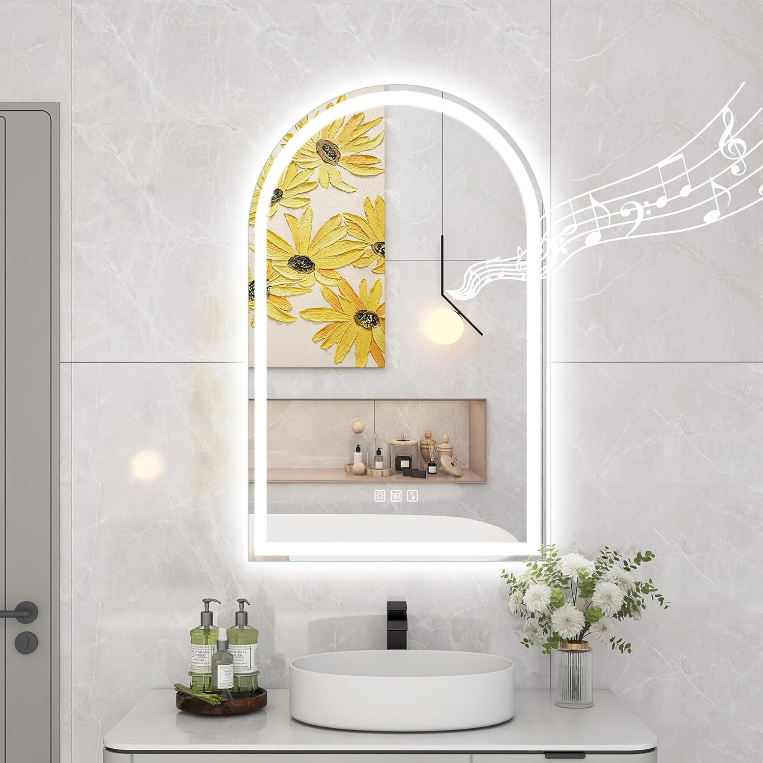 STARLEAD 32"x20" LED-Bathroom-Mirror-with-Lights, Wall-Mounted with Bluetooth Speaker, Anti-Fog, 3 Color Temperature, Dimmable Brightness, IP65 Waterproof, Tempered Glass, Frontlit & Backlit, Arched