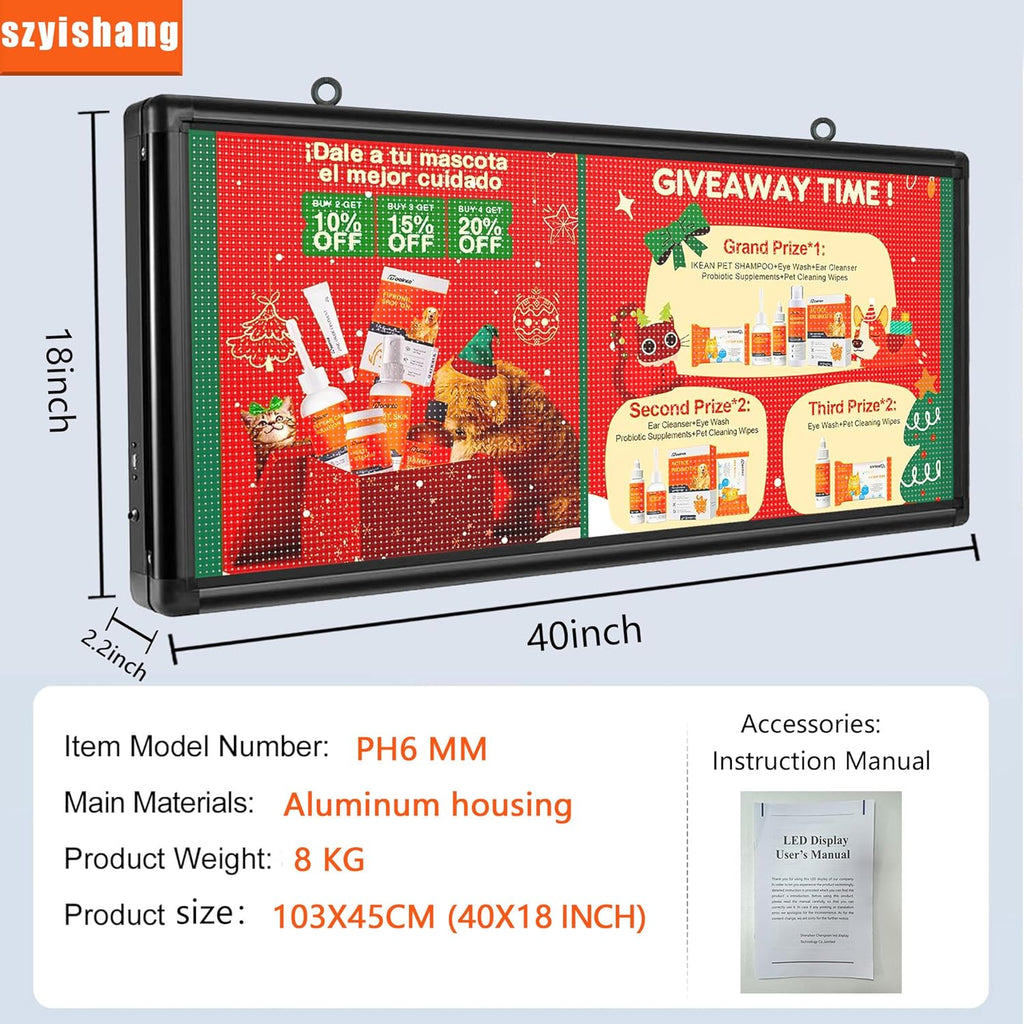 YS Outdoor P6 Programmable LED Sign(40"x 18"), WiFi + USB Control Digital Signage Scrolling LED Sign, Advertising Message Board,Open Signs for Business, RGB Full Color Display