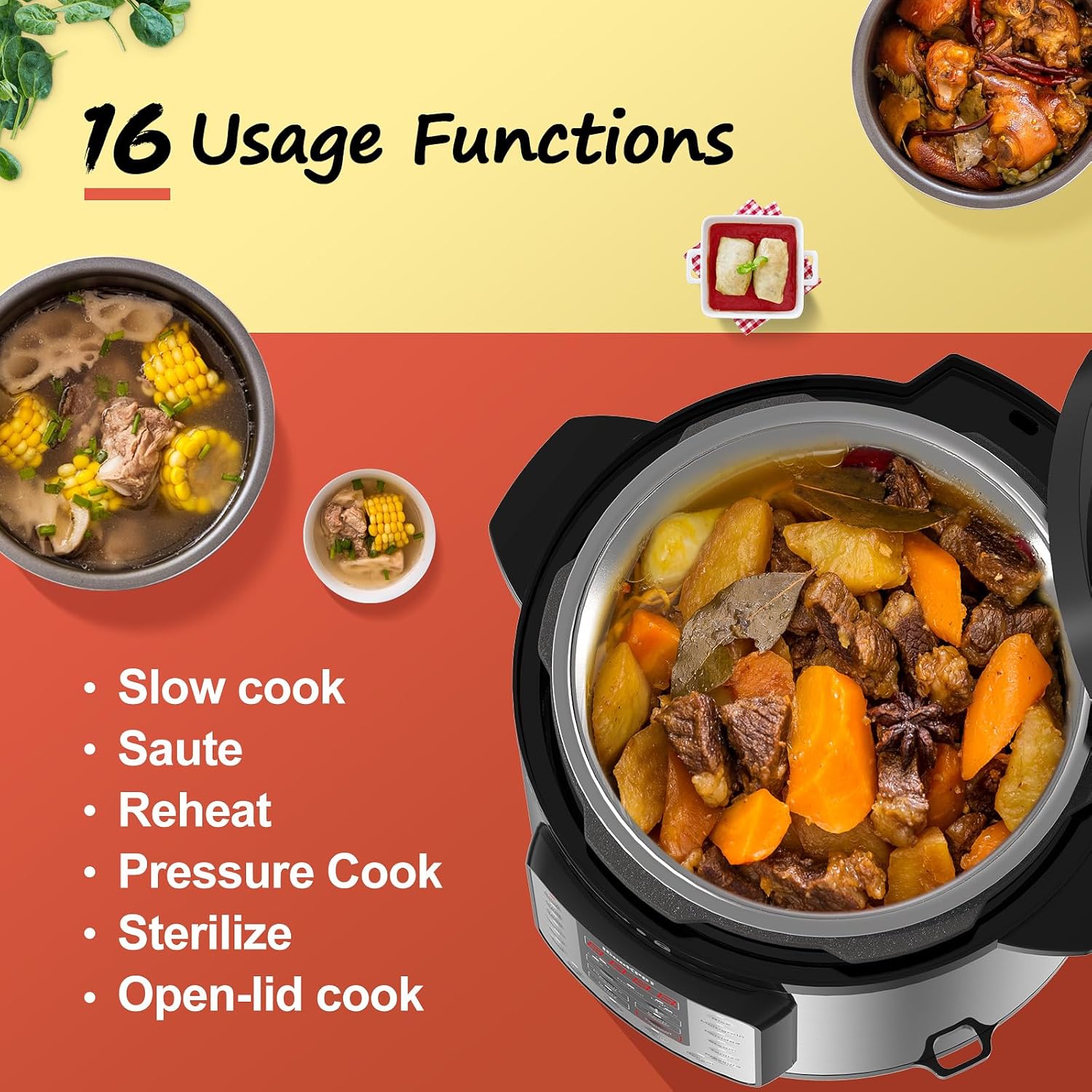 16-in-1 Electric Pressure Cooker, Slow Cook, Rice Maker, Steamer, Yogurt, Warmer & Sterilizer, Programmable with Automatic Keep Warm, 6-Quart Stainless Steel