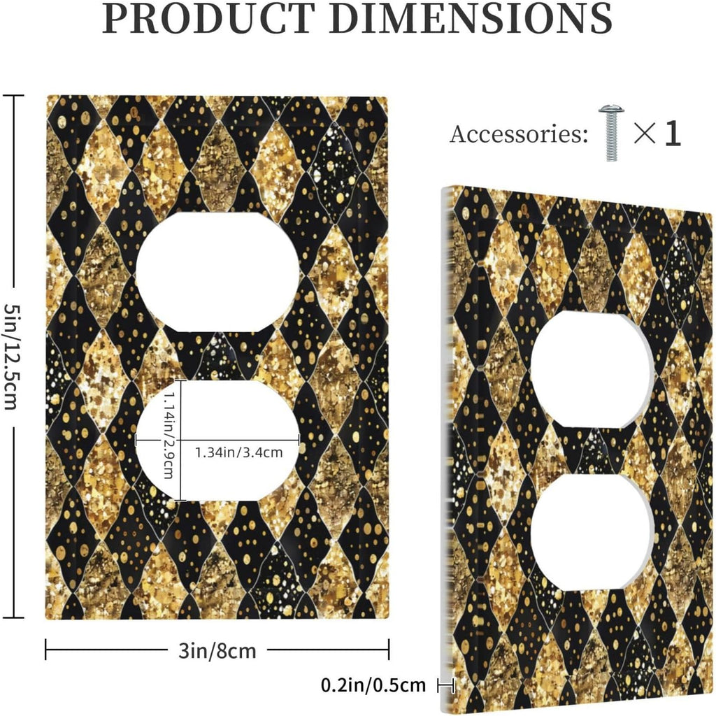 Gold Black Marble Geometric Plaid Glitter Outlet Covers 1 Gang Duplex Light Switch Cover Wall Plate Decorative Switch Plates Electrical Receptacle Faceplate for Bedroom Bathroom Decor