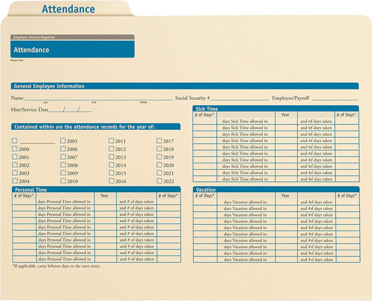 ComplyRight Attendance Folders | 11.75” x 9.5” | HR and Employee Management | 25-Pack