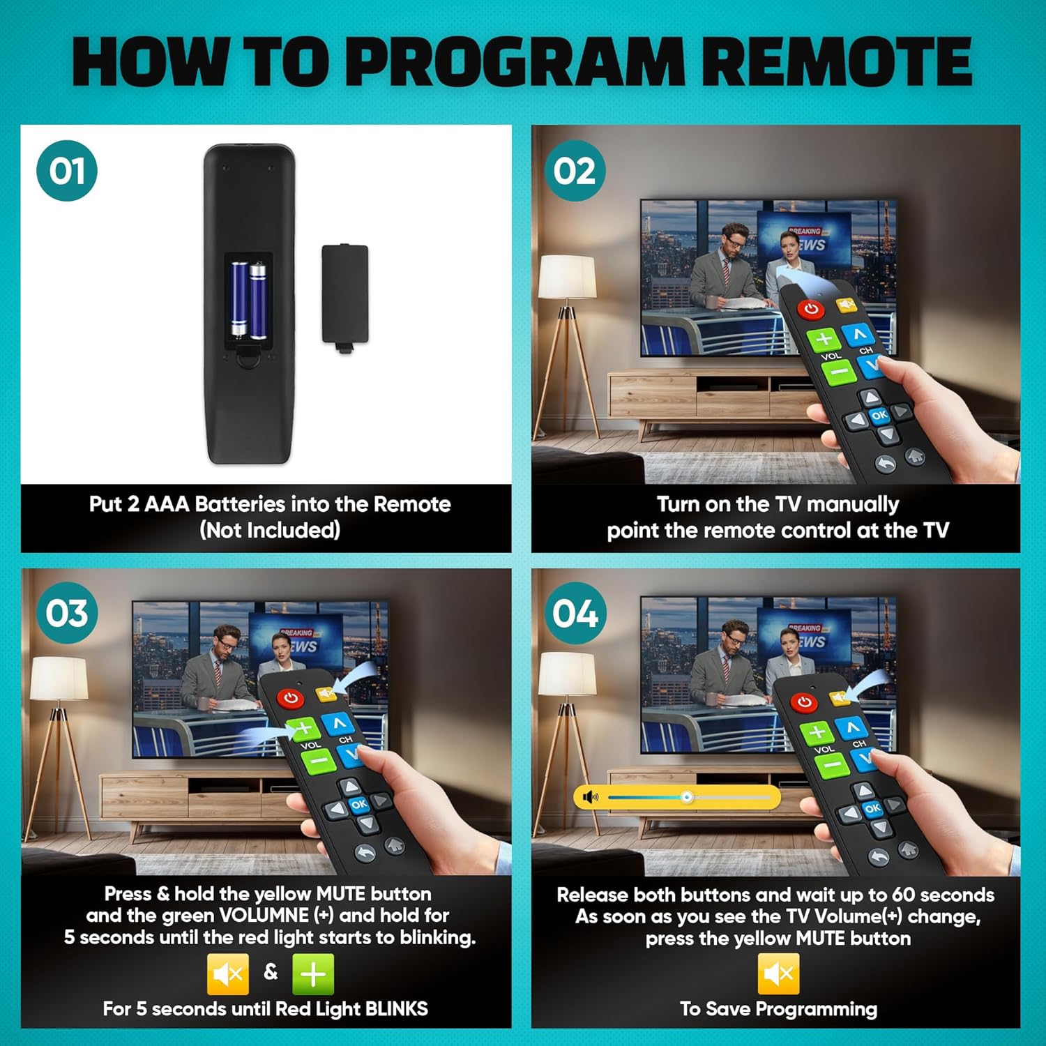 Big Button Universal TV Remote (Black) Simple Easy to Use, Great for Seniors, Works with Major TV Brands (2xAAA Batteries Not Included)