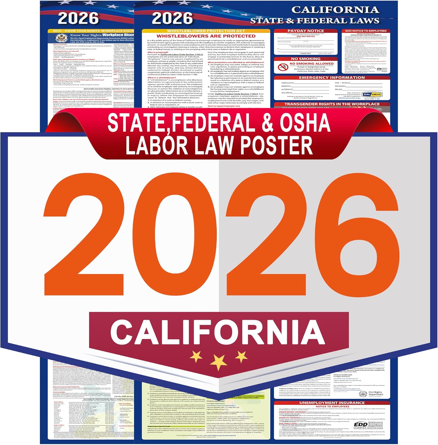 2026 California State and Federal Labor Laws Poster Set- OSHA Compliant UV Waterproof Laminated 17" x 40" English Version 2PCS Folded - All in One Compliance Posting