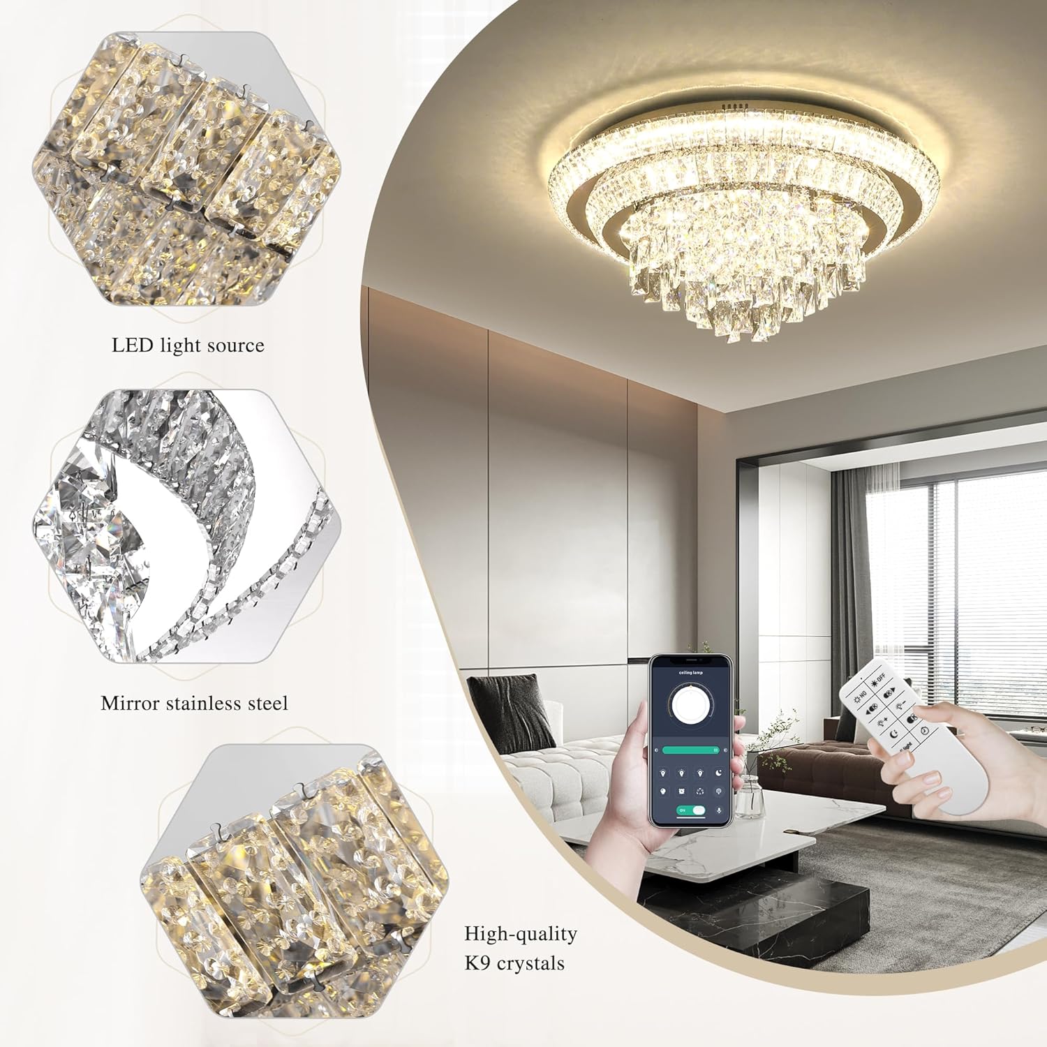 COCOSTAR 24 inch Flush Mount Crystal Chandeliers with Remote and APP, Modern Elegant LED Crystal Raindrop Ceiling Light Fixture, 3CCT Dimmable, for Living Room Kitchen Island Bedroom Entryway Foyer